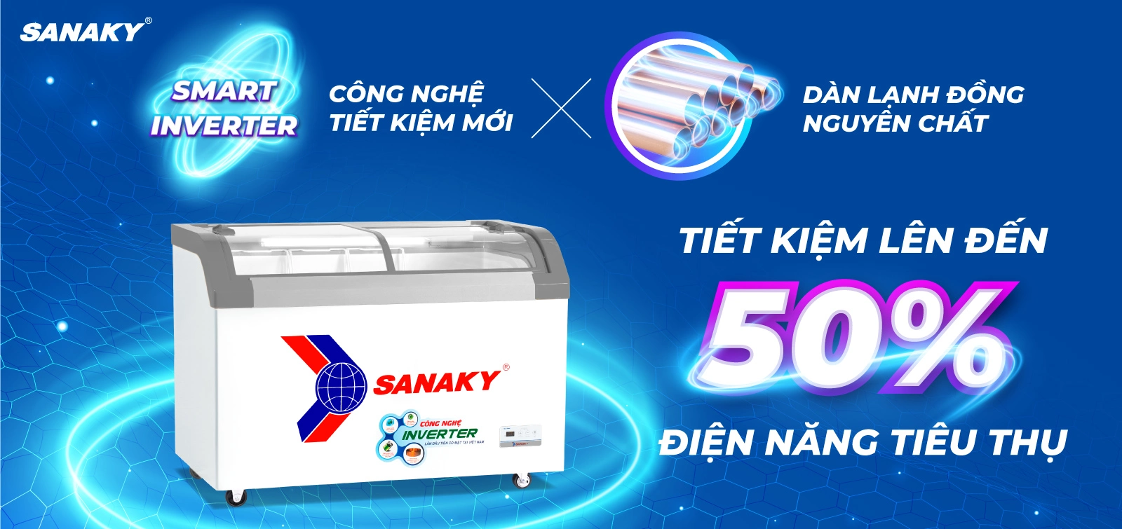Công nghệ Inverter tiết kiệm tới 50% điện điện năng Tủ đông kính cong 350 lít Sanaky Inverter VH-4899K3B tích hợp công nghệ Inverter và dàn lạnh đồng