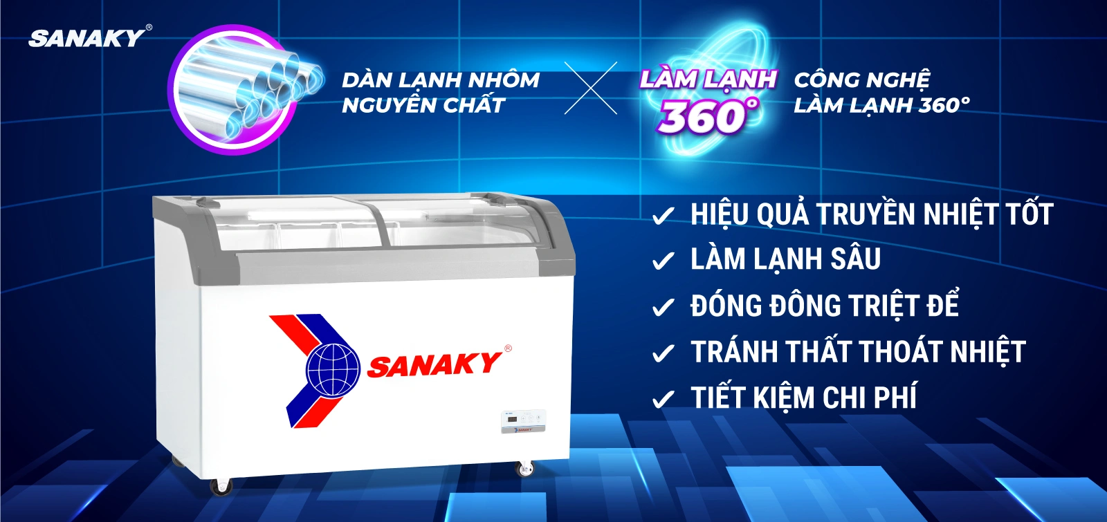 Dàn lạnh nhôm kết hợp công nghệ làm lạnh 360 độ Tủ đông kính cong 350 lít Sanaky VH-482KB với dàn lạnh nhôm và công nghệ làm lạnh 360 độ