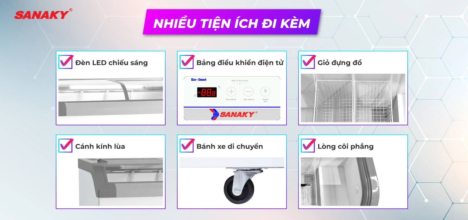 Thiết kế tiện lợi 1 ngăn đông 2 cánh lùa Tủ đông kính cong 350 lít Sanaky VH-4899KB với nhiều tiện ích đi kèm