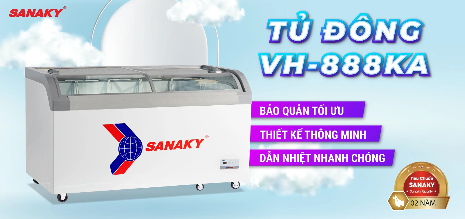 Tủ đông kính cong 500 lít Sanaky VH-888KA với thiết kế mặt kính cong và cánh lùa