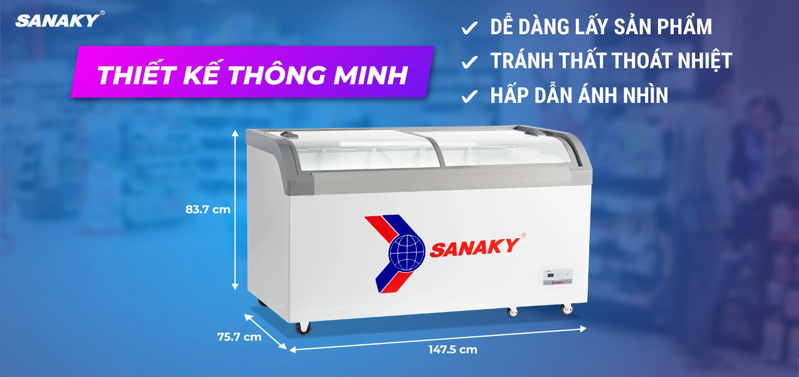 Tủ đông kính cong 500 lít Sanaky VH-888KA với mặt kính cong giúp trưng bày tối ưu