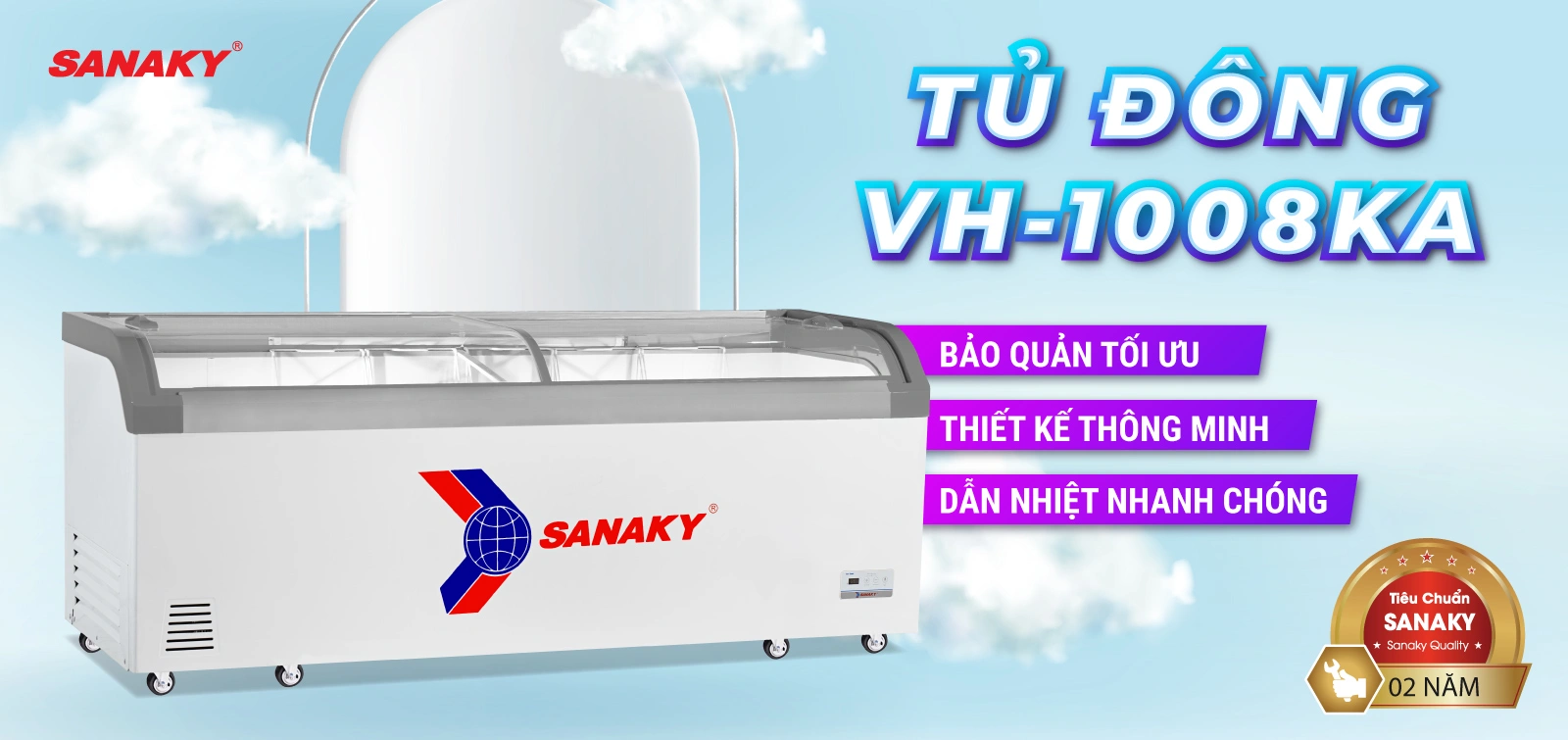 Tủ đông kính cong 750 lít Sanaky VH-1008KA với thiết kế mặt kính cong và cánh lùa