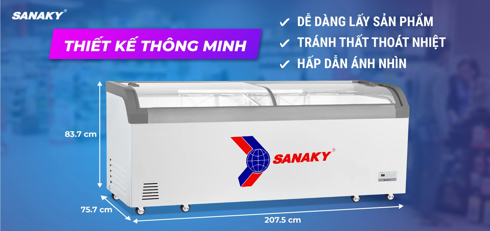 Tủ đông kính cong 750 lít Sanaky VH-1008KA với mặt kính cong giúp trưng bày tối ưu