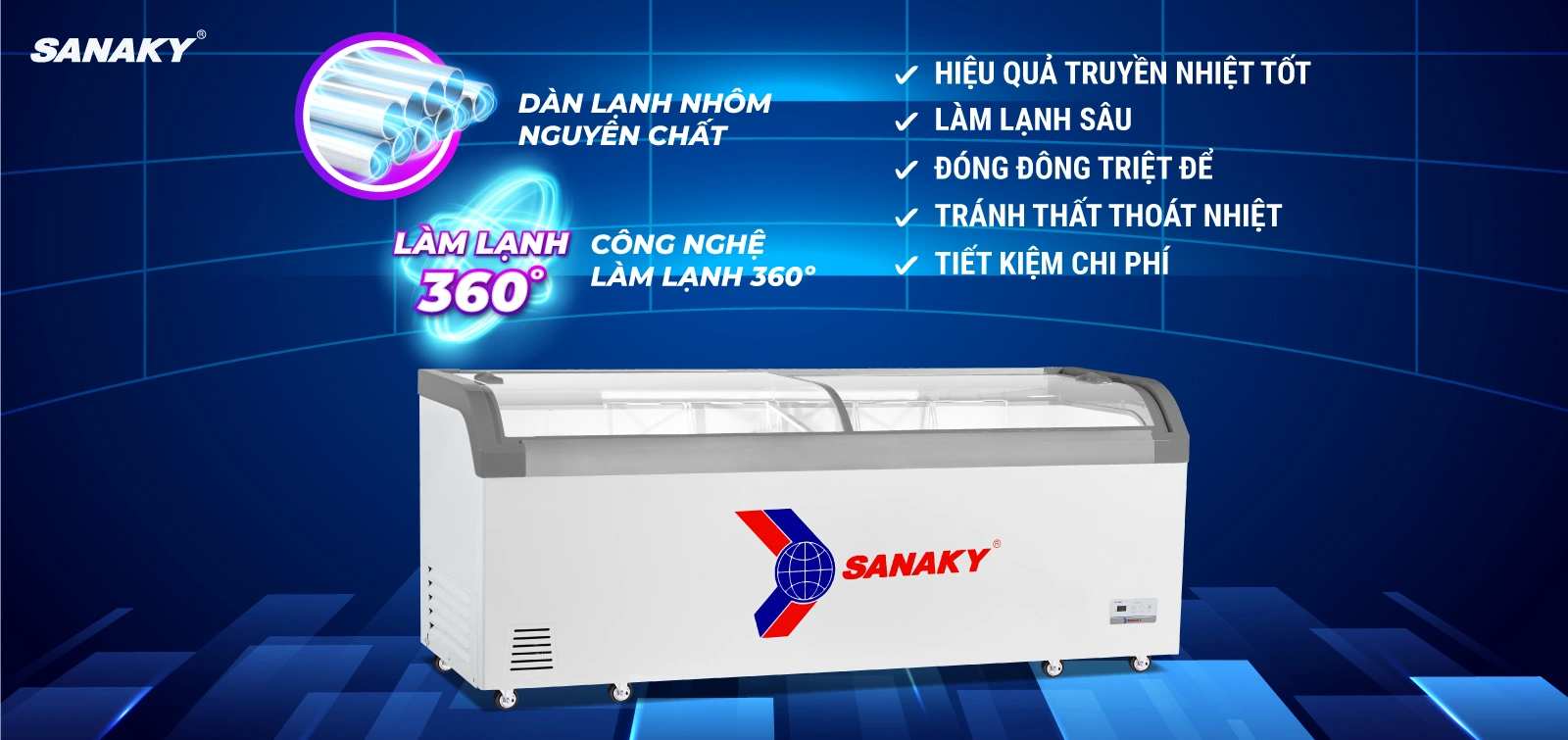 Tủ đông kính cong 750 lít Sanaky VH-1008KA với dàn lạnh nhôm và công nghệ làm lạnh 360 độ