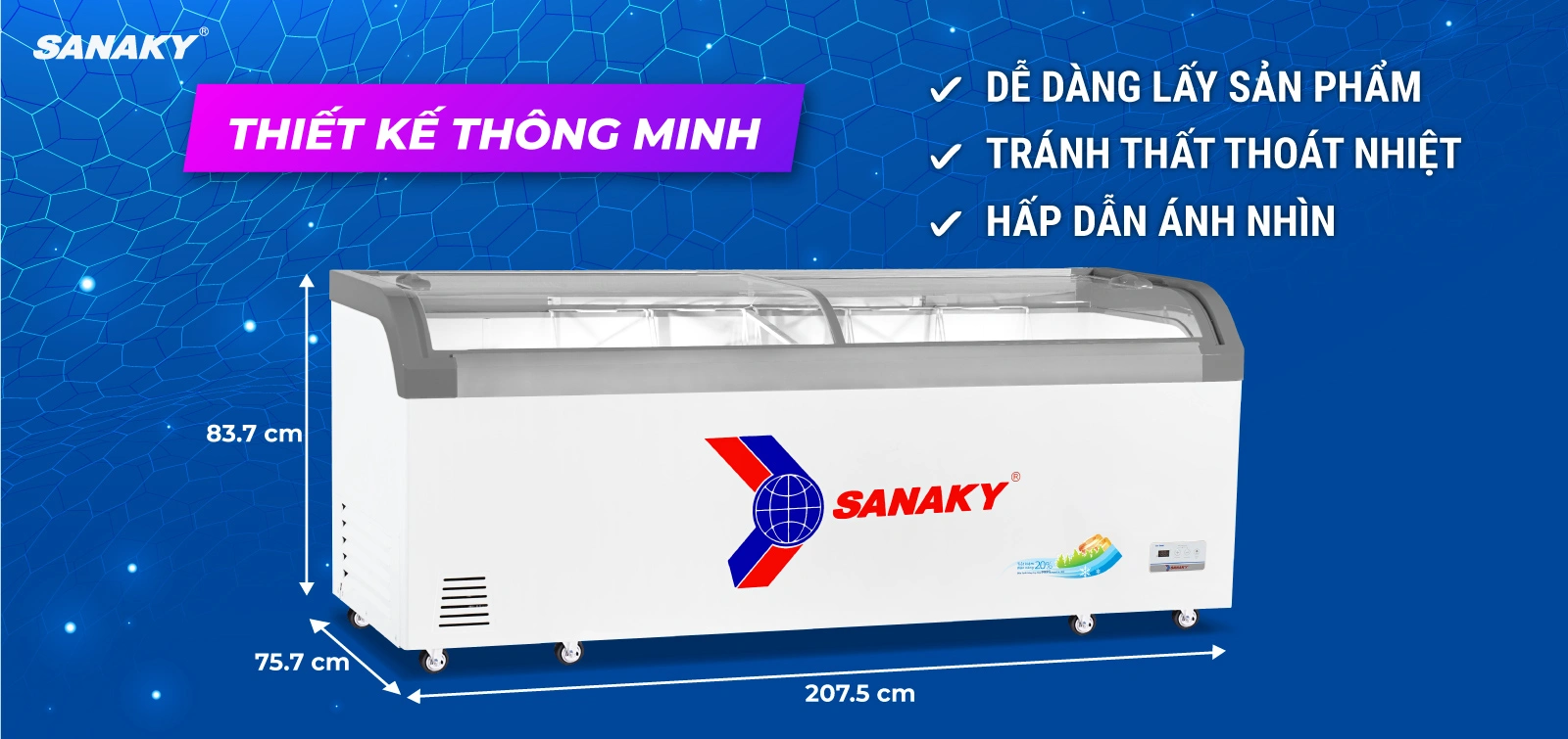 Tủ đông kính cong 750 lít Sanaky VH-1099KA với mặt kính cong giúp trưng bày tối ưu