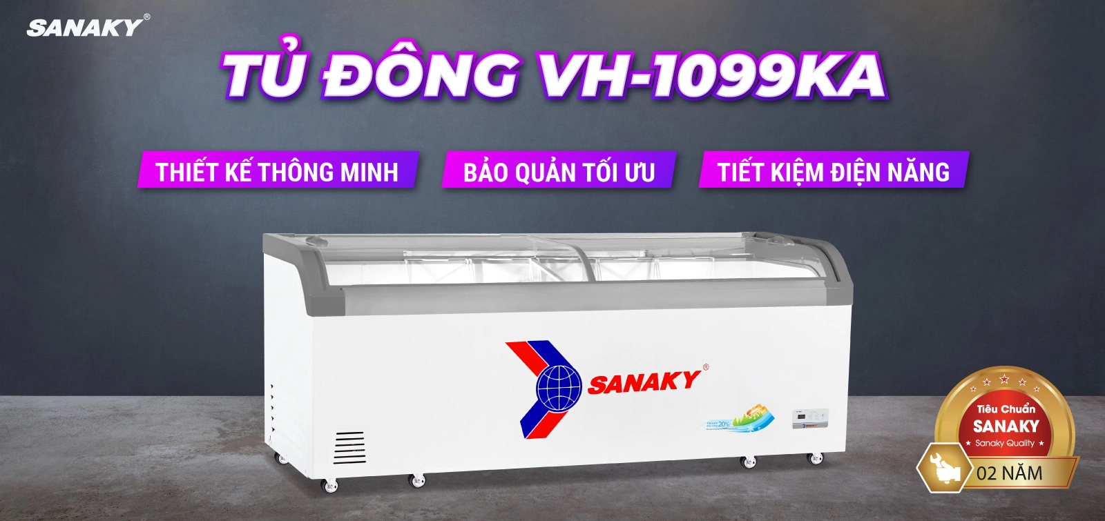 Tủ đông kính cong 750 lít Sanaky VH-1099KA thiết kế mặt kính cong trưng bày sản phẩm