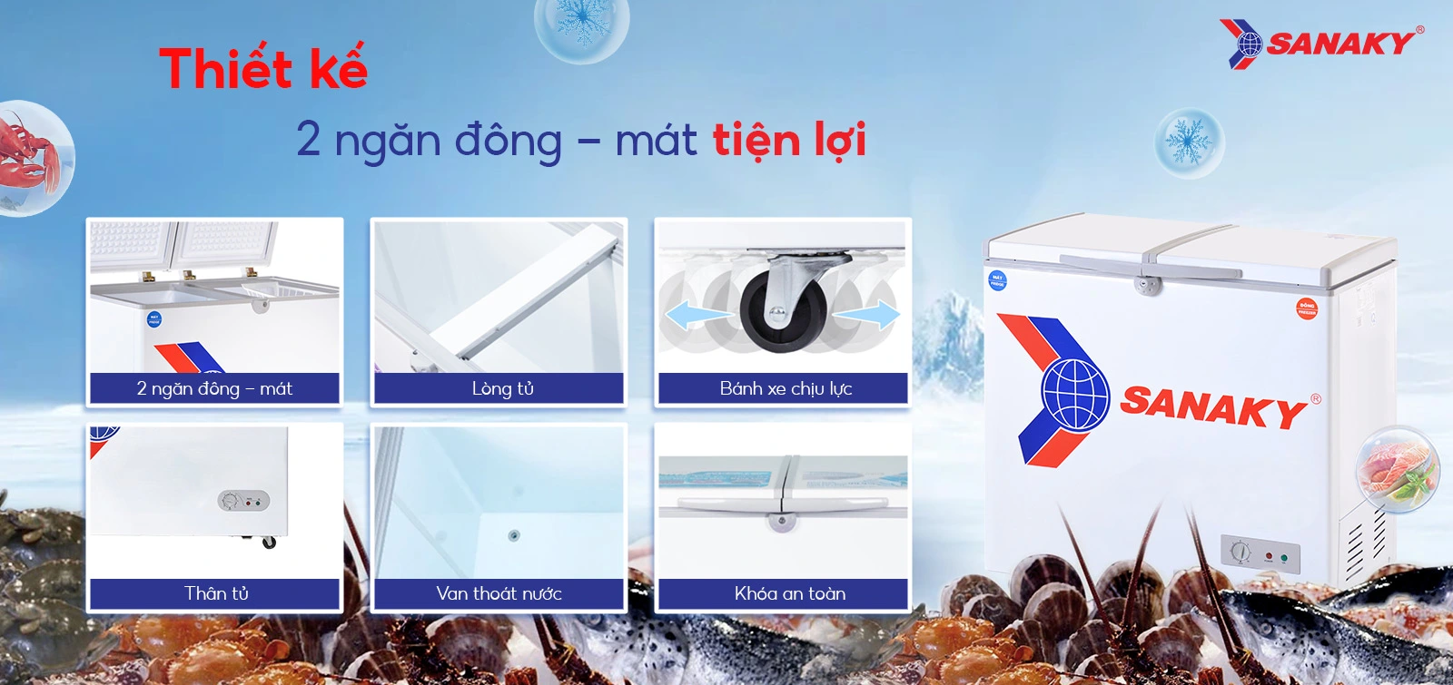 Thiết kế 2 ngăn đông - mát tiện lợi Tủ đông mát 165 lít Sanaky VH-225W2 với thiết kế 2 ngăn đông - mát tiện lợi