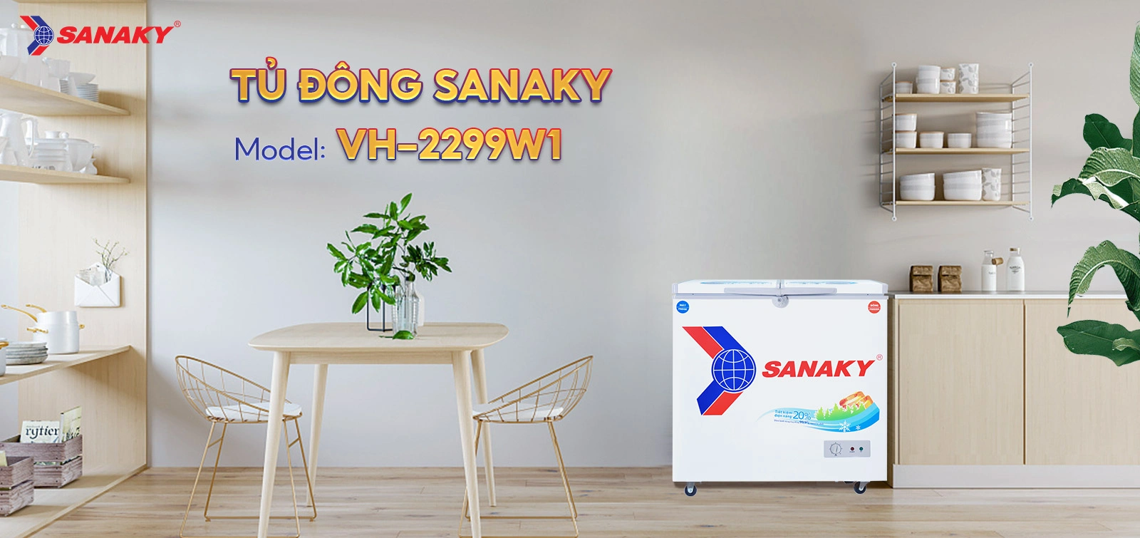 Tủ đông mát 165 lít Sanaky VH-2299W1 màu trắng hiện đại
