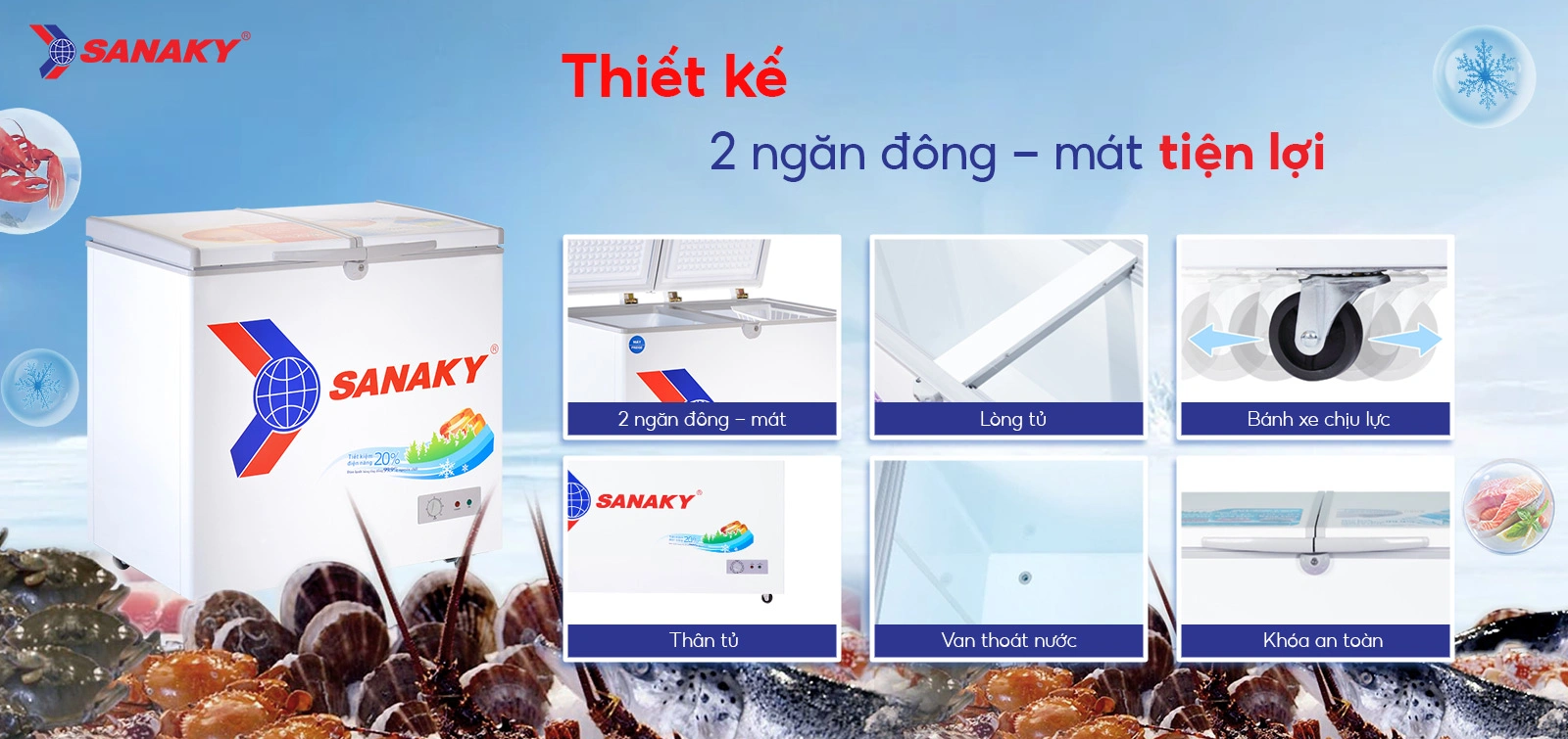 Tủ đông mát 165 lít Sanaky VH-2299W1 với thiết kế 2 ngăn đông - mát tiện lợi