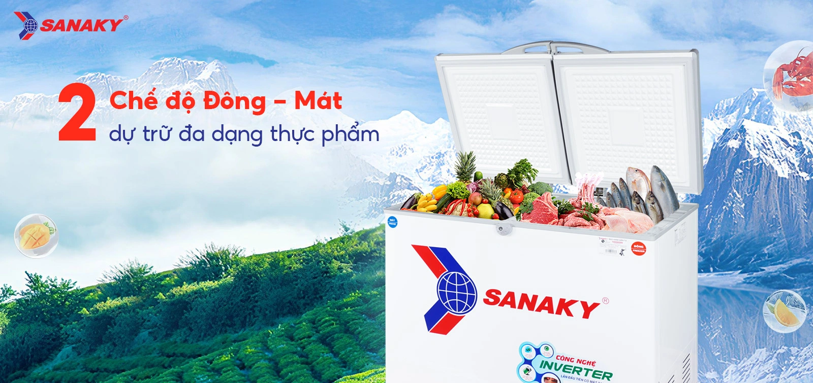 2 chế độ Đông - Mát dự trữ đa dạng thực phẩm Tủ đông mát 195 lít Sanaky VH-2599W3 với 2 chế độ Đông - Mát dự trữ đa dạng thực phẩm