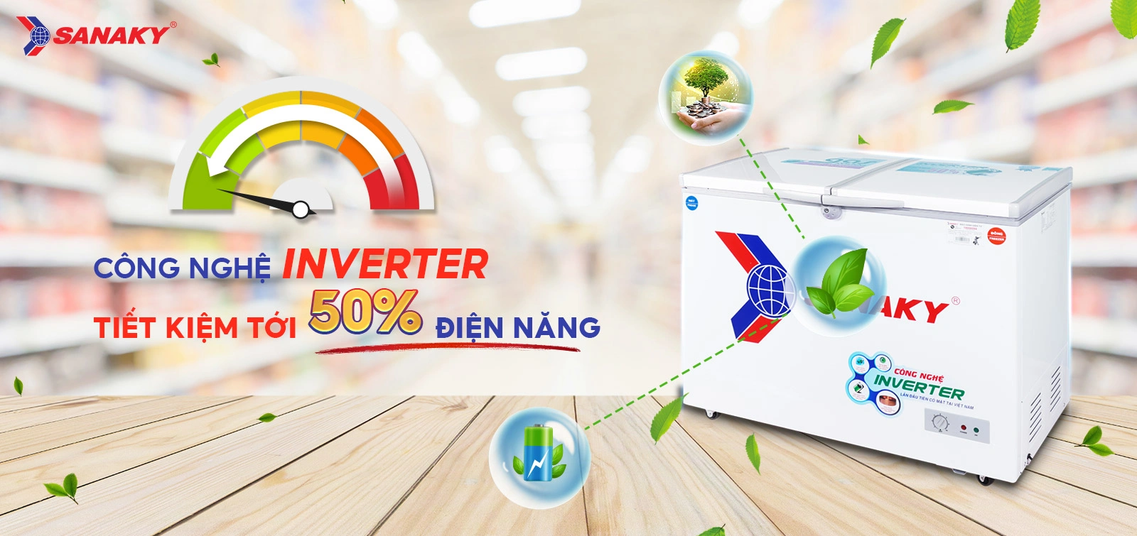 Công nghệ Inverter tiết kiệm tới 50% điện điện năng Tủ đông mát 195 lít Sanaky VH-2599W3 tích hợp công nghệ Inverter