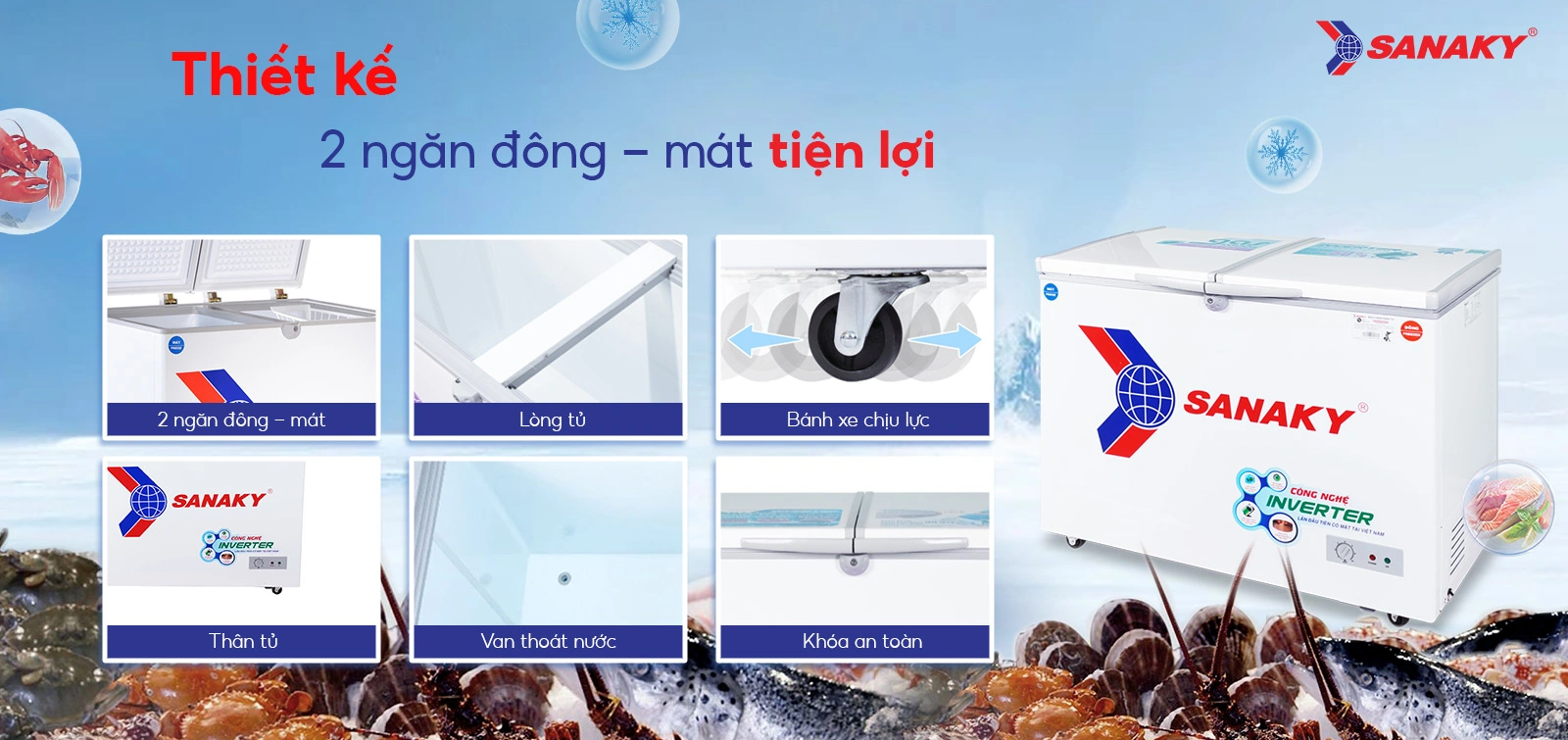 Thiết kế 2 ngăn đông - mát tiện lợi Tủ đông mát 195 lít Sanaky VH-2599W3 với thiết kế 2 ngăn đông - mát tiện lợi