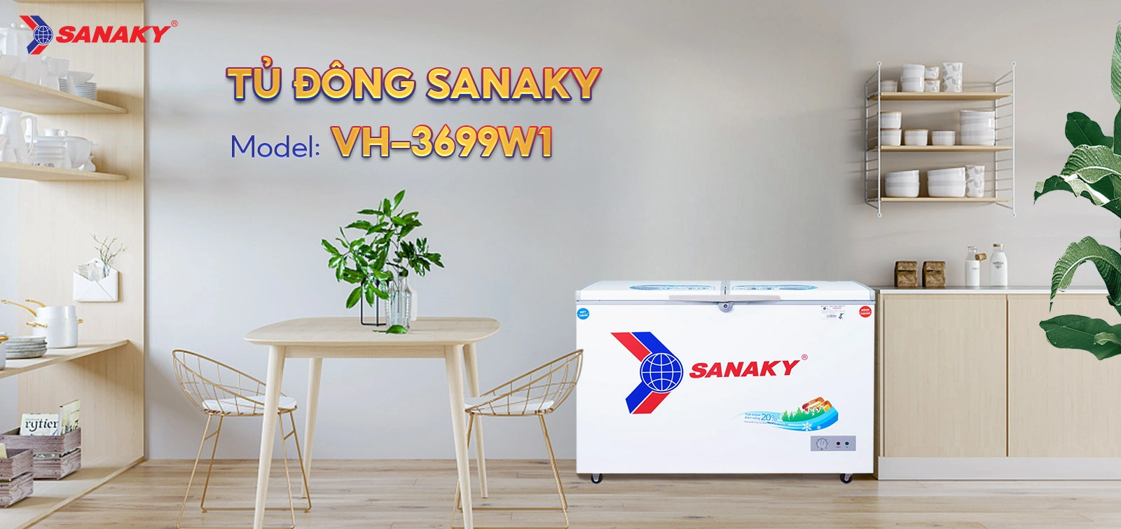 Tủ đông mát 260 lít Sanaky VH-3699W1 đặt trong không gian nội thất hiện đại