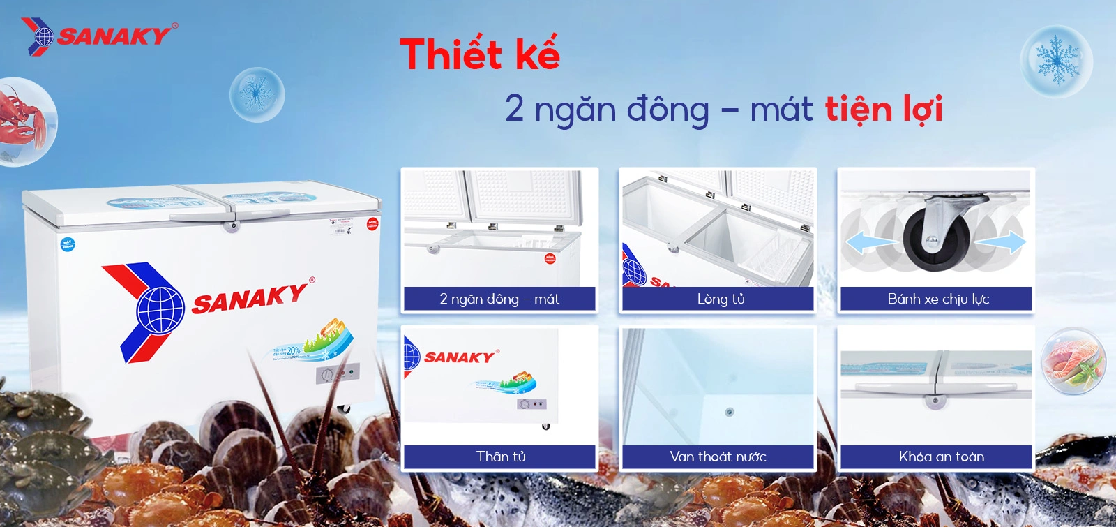 Tủ đông mát 260 lít Sanaky VH-3699W1 với thiết kế 2 ngăn đông - mát tiện lợi