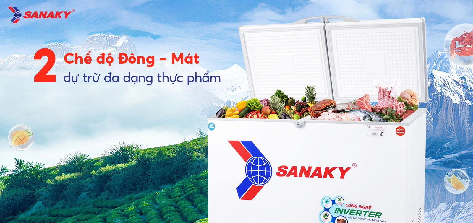 2 chế độ Đông - Mát dự trữ đa dạng thực phẩm Tủ đông mát 260 lít Sanaky VH-3699W3 với 2 chế độ Đông - Mát