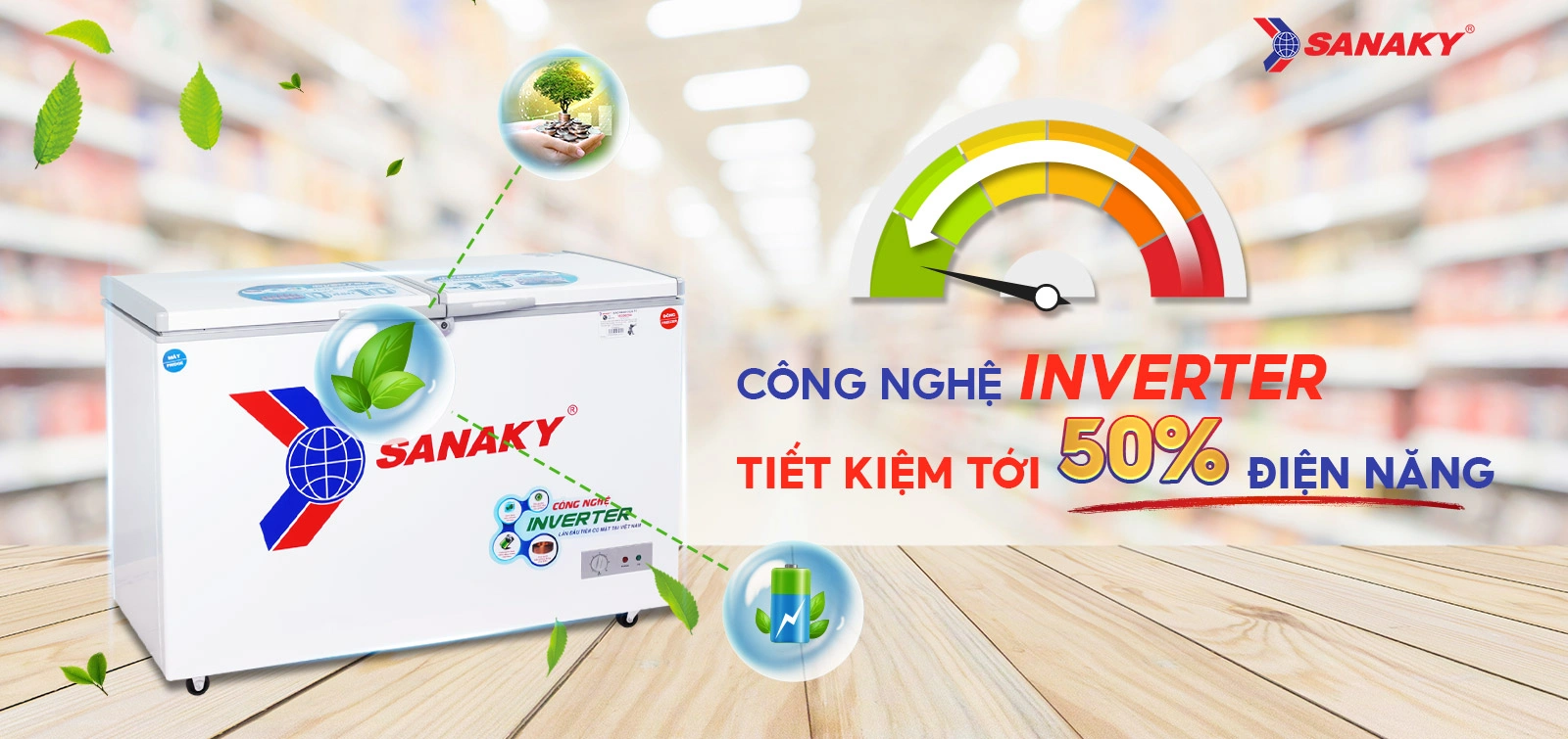 Công nghệ Inverter tiết kiệm tới 50% điện điện năng Tủ đông mát 260 lít Sanaky VH-3699W3 tích hợp công nghệ Inverter tiết kiệm điện năng