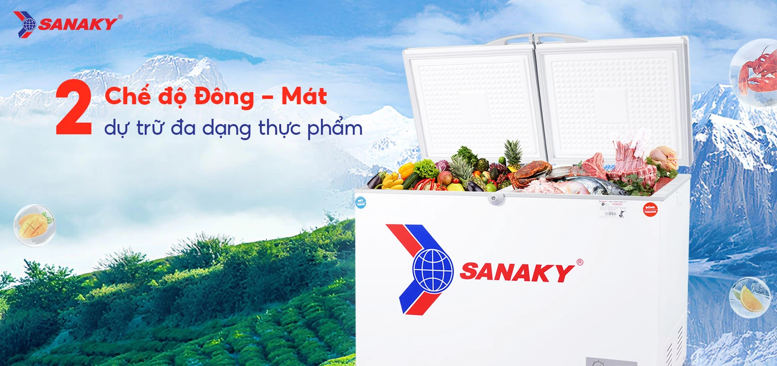 2 chế độ Đông - Mát dự trữ đa dạng thực phẩm Tủ đông mát 280 lít Sanaky VH-405W2 với 2 chế độ Đông - Mát dự trữ đa dạng thực phẩm
