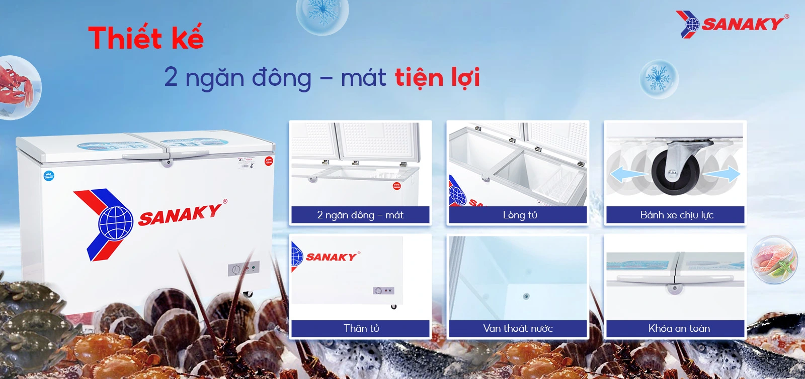 Thiết kế 2 ngăn đông - mát tiện lợi Thiết kế 2 ngăn đông - mát tiện lợi của Tủ đông mát 280 lít Sanaky VH-405W2