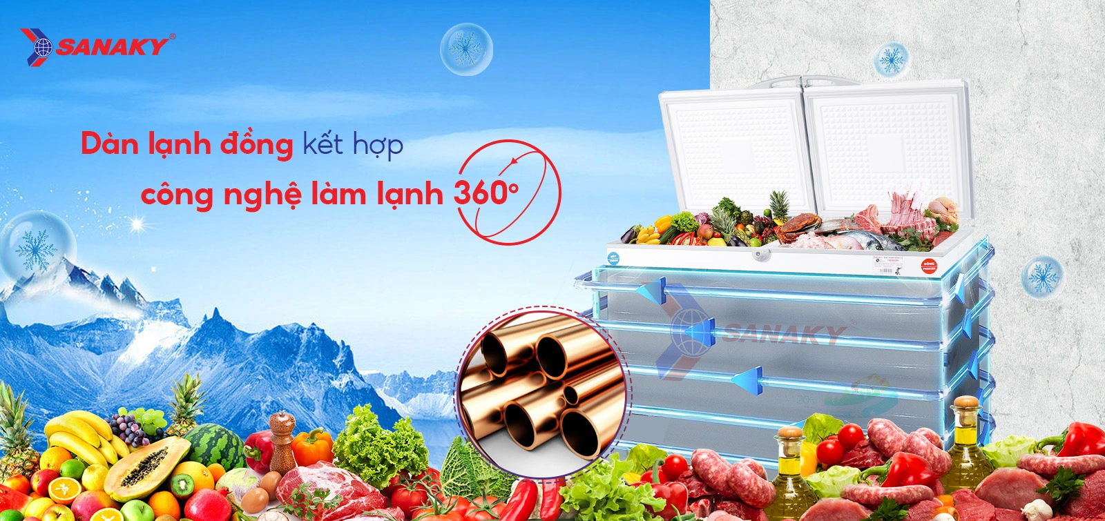 Dàn lạnh đồng kết hợp Công nghệ làm lạnh 360 độ Tủ đông mát 280 lít Sanaky VH-4099W1 sở hữu dàn lạnh đồng kết hợp công nghệ làm lạnh 360 độ