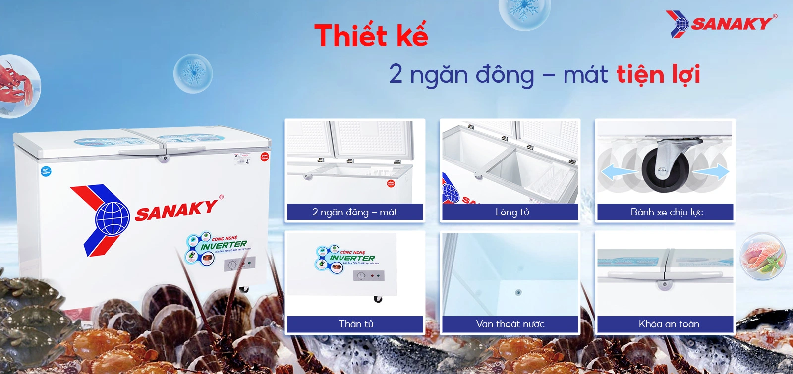 Thiết kế 2 ngăn đông - mát tiện lợi Tủ đông mát 280 lít Sanaky VH-4099W3 với thiết kế 2 ngăn đông - mát tiện lợi