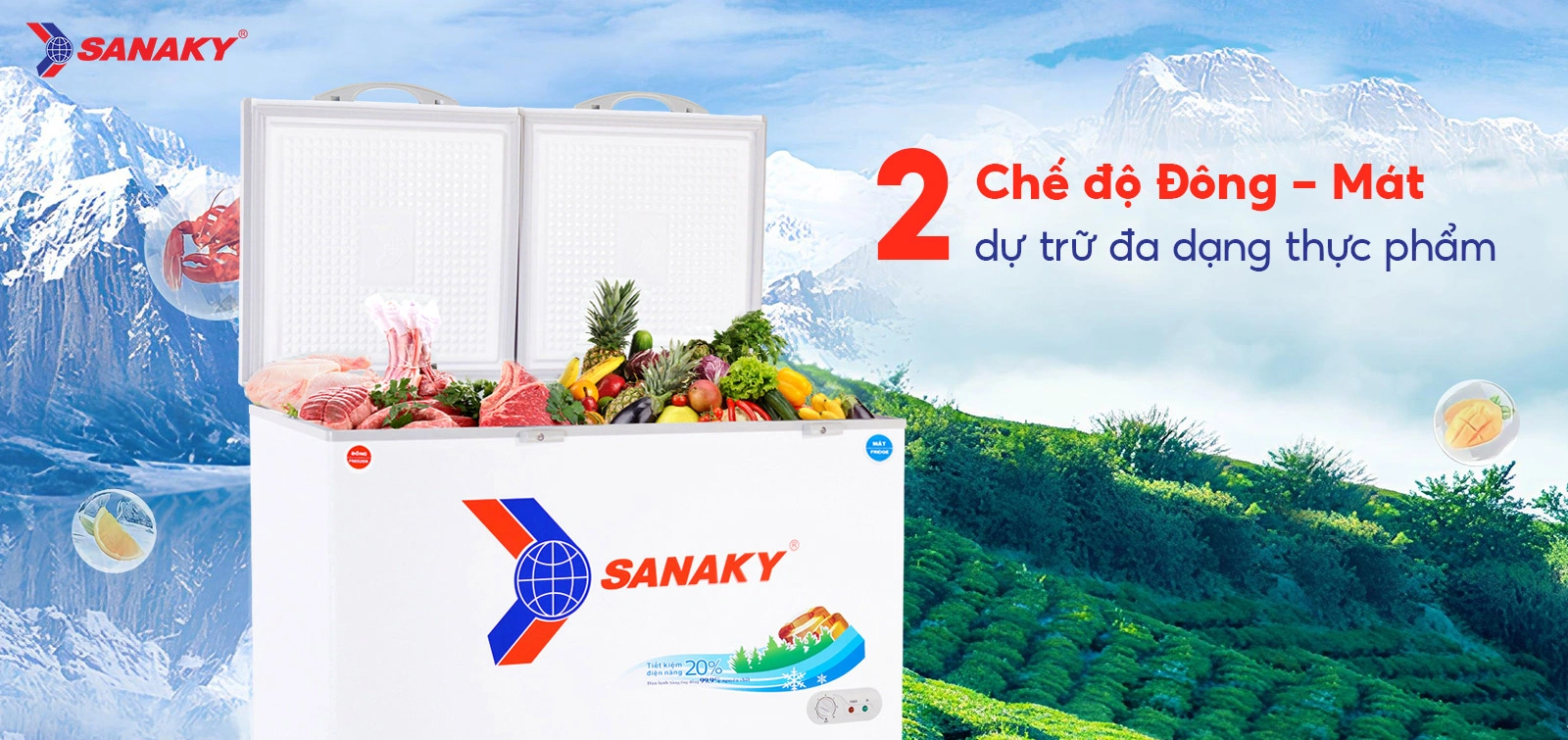 2 chế độ Đông - Mát dự trữ đa dạng thực phẩm Tủ đông mát 365 lít Sanaky VH-5699W1 với 2 chế độ Đông - Mát dự trữ đa dạng thực phẩm