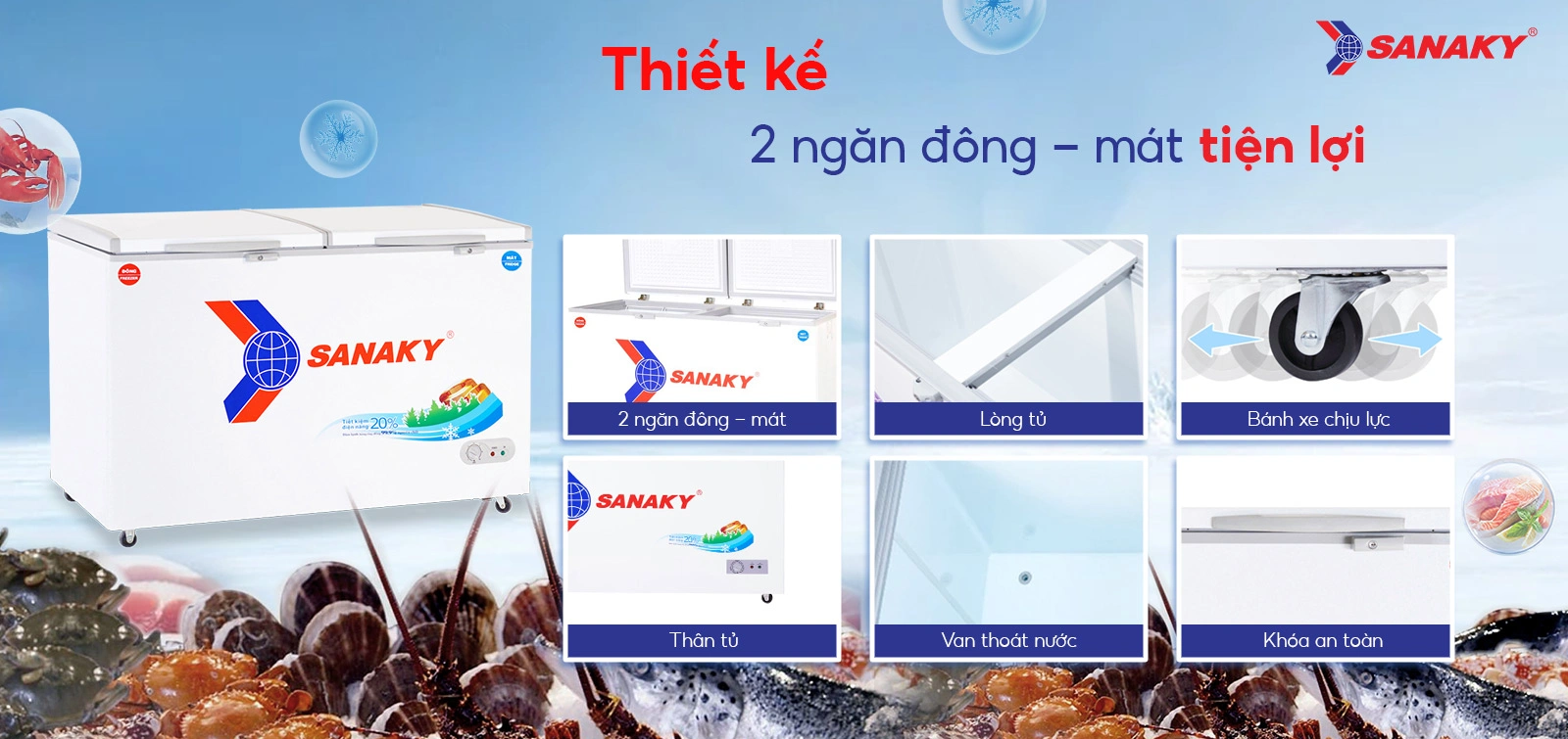Thiết kế 2 ngăn đông - mát tiện lợi Tủ đông mát 365 lít Sanaky VH-5699W1 thiết kế 2 ngăn đông - mát tiện lợi