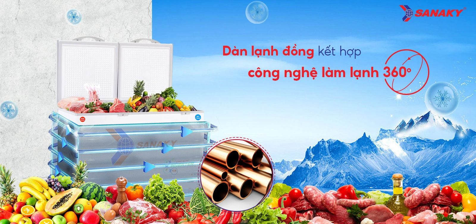 Dàn lạnh đồng kết hợp Công nghệ làm lạnh 360 độ Tủ đông mát 365 lít Sanaky VH-5699W3 với dàn lạnh đồng và công nghệ làm lạnh 360 độ