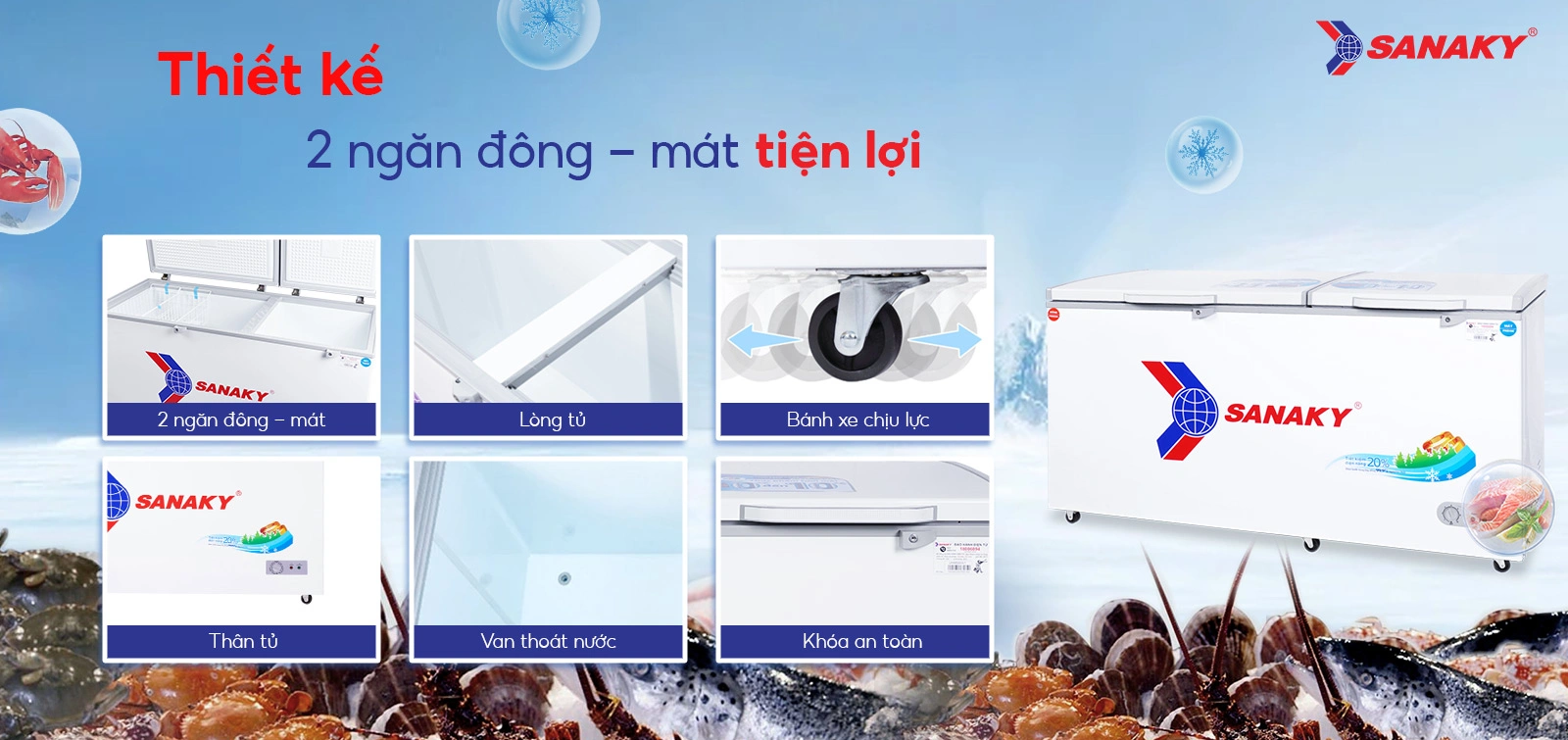 Thiết kế 2 ngăn đông - mát tiện lợi Tủ đông mát 485 lít Sanaky VH-6699W1 với thiết kế 2 ngăn đông - mát tiện lợi