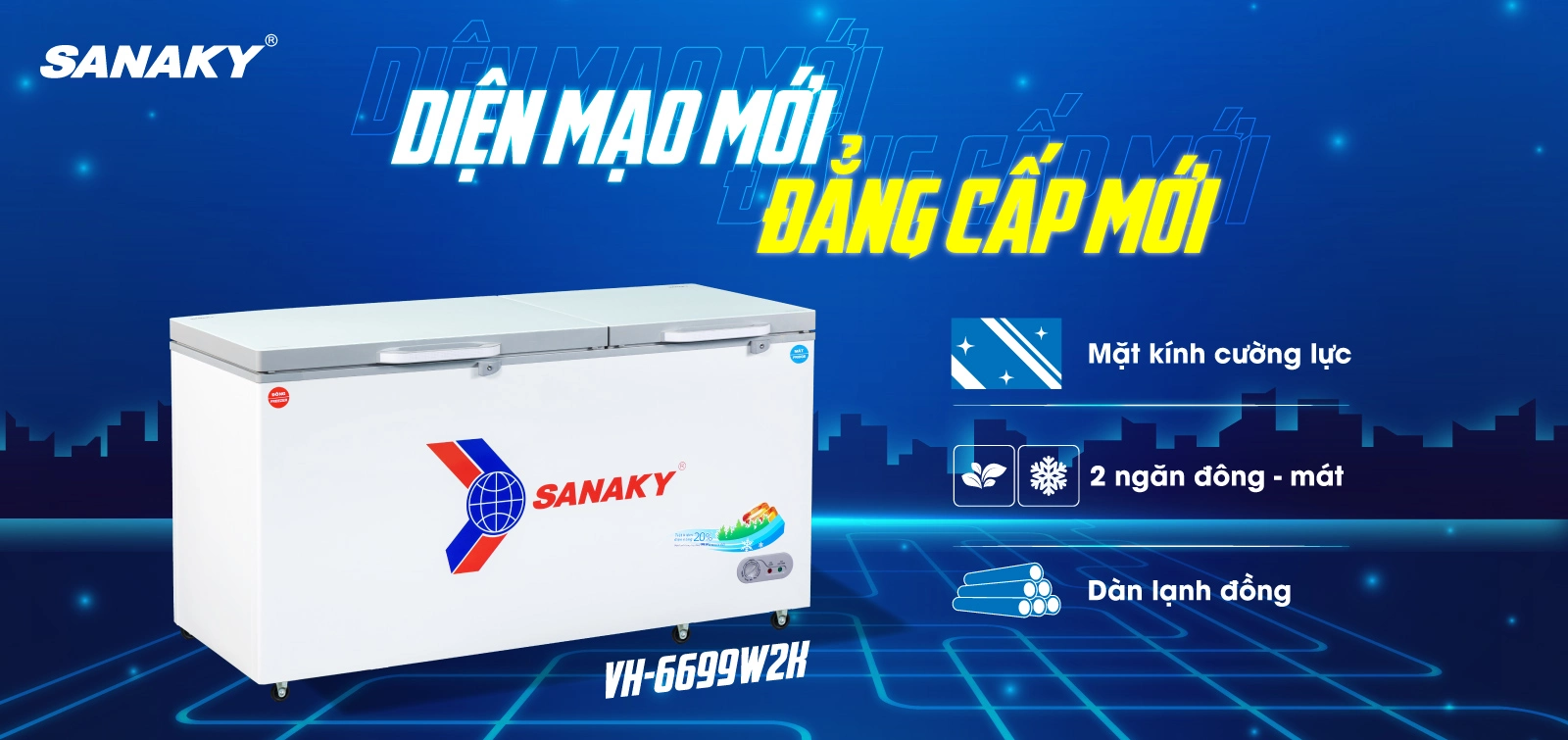Tủ đông Sanaky VH-6699W2K Tủ đông mát 485 lít Sanaky VH-6699W2K với thiết kế mới và dàn lạnh đồng
