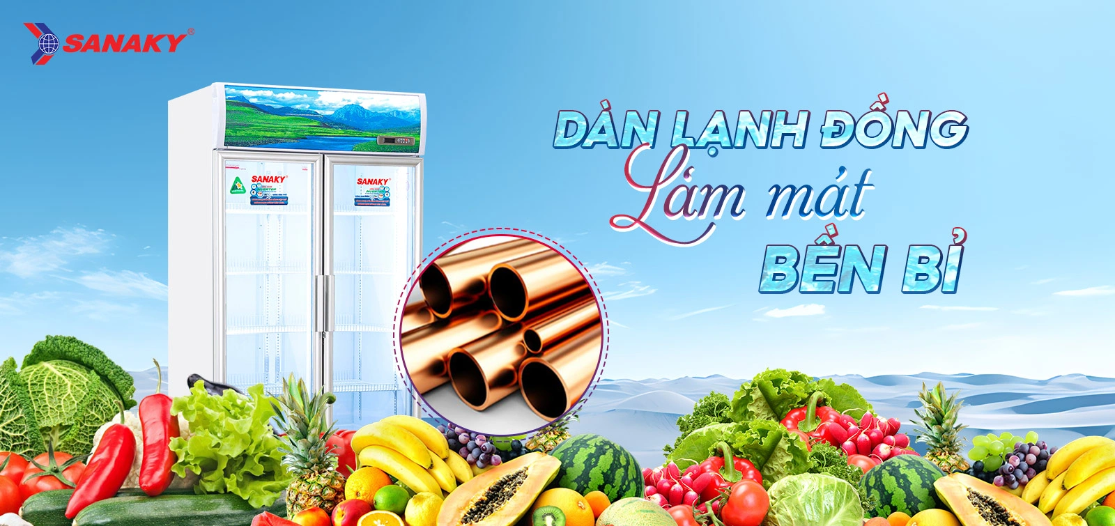 Dàn lạnh đồng làm mát bền bỉ Dàn lạnh đồng làm mát bền bỉ trên tủ mát 1100 lít Sanaky Inverter VH-1209HP3