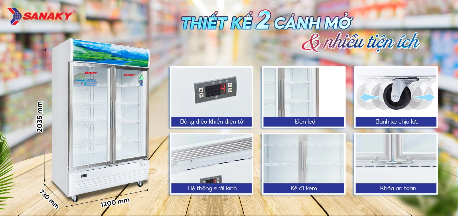 Thiết kế Tủ Mát Sanaky VH-1209HP 2 cánh mở cùng nhiều tiện ích Tủ mát 1100 lít Sanaky VH-1209HP thiết kế 2 cánh mở với bảng điều khiển điện tử và đèn LED