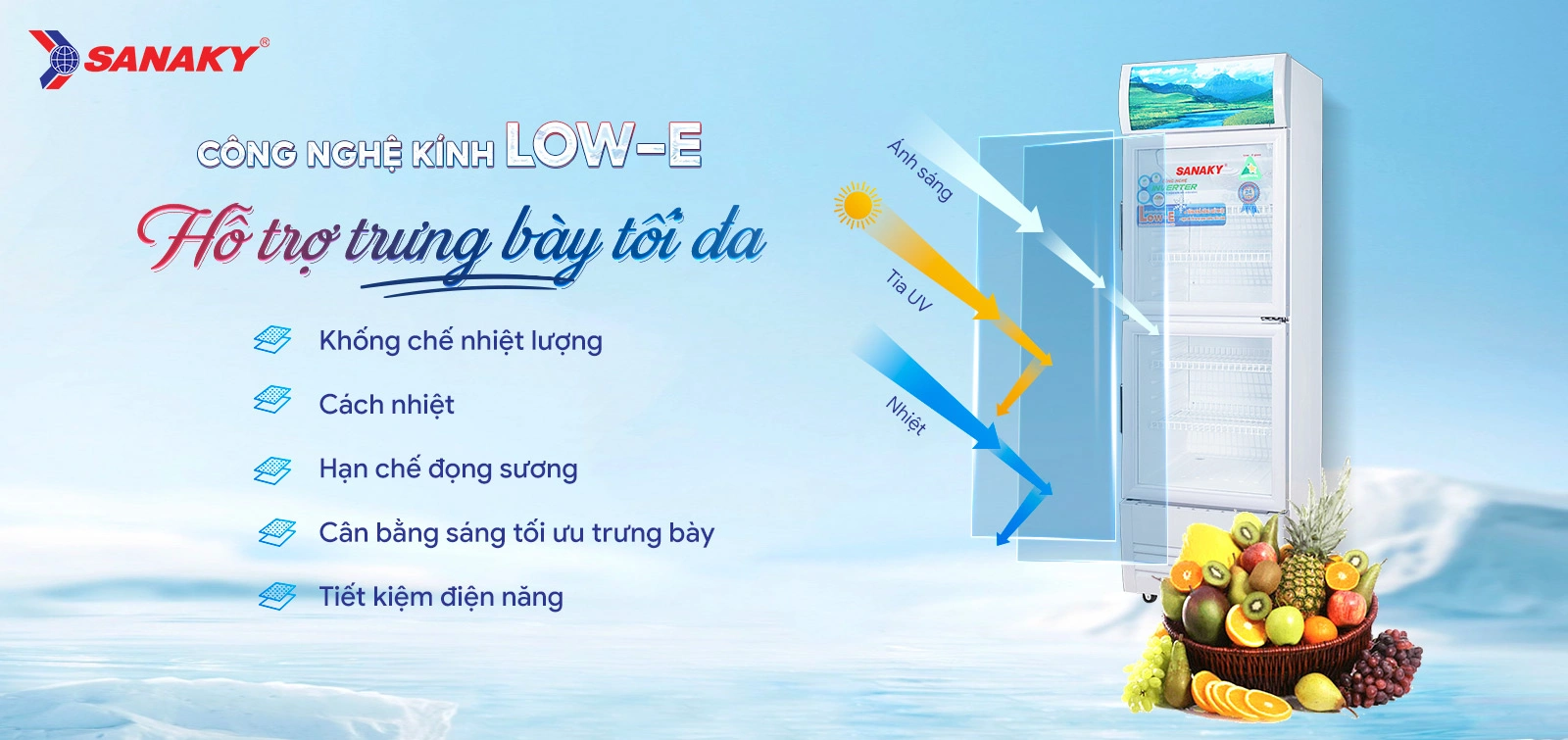 Công nghệ kính Low-E hỗ trợ trưng bày tối đa Công nghệ kính Low-E trên tủ mát 170 lít Sanaky Inverter VH-218W3L hỗ trợ trưng bày tối đa