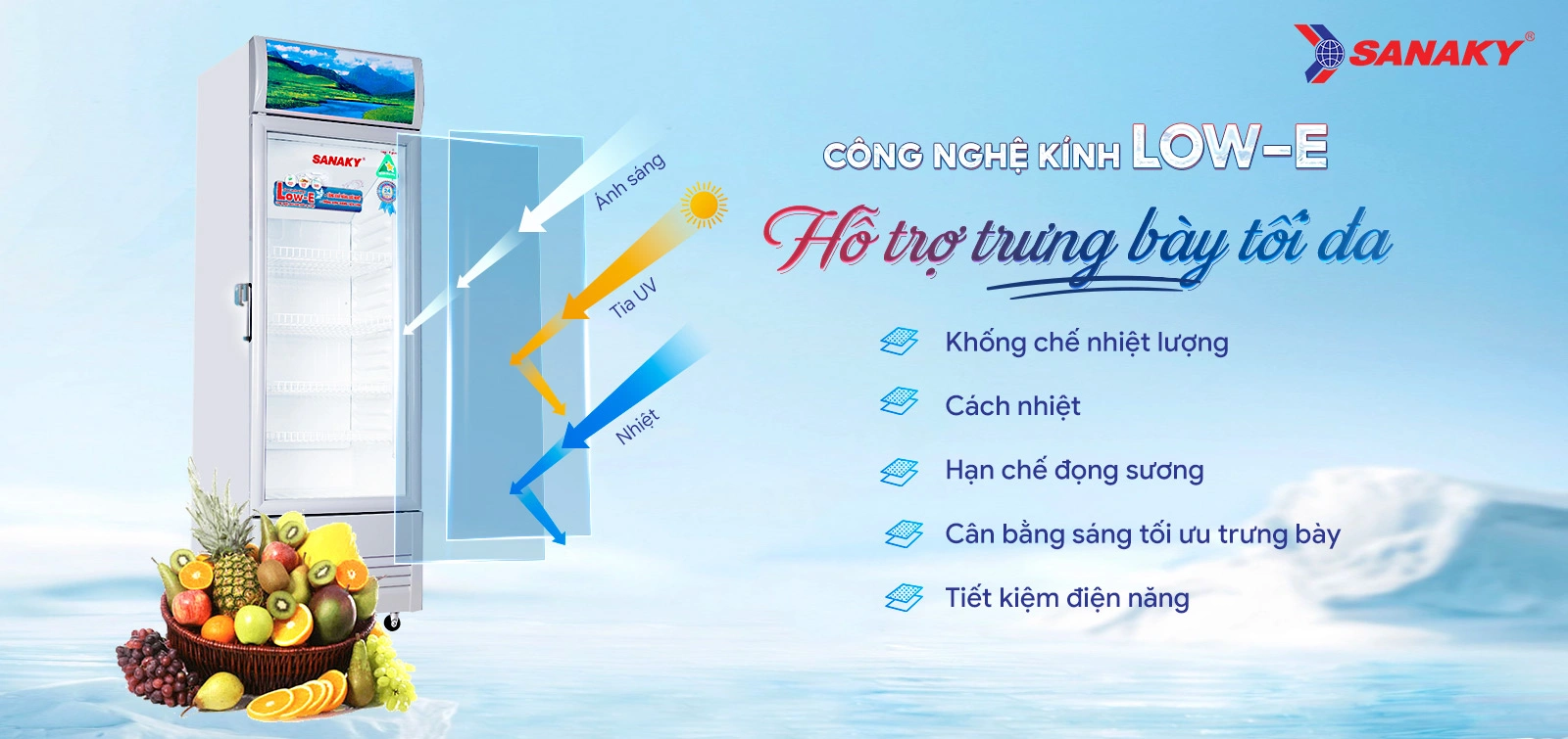 Công nghệ kính Low-E hỗ trợ trưng bày tối đa Công nghệ kính Low-E trên tủ mát 170 lít Sanaky VH-218KL hỗ trợ trưng bày tối đa