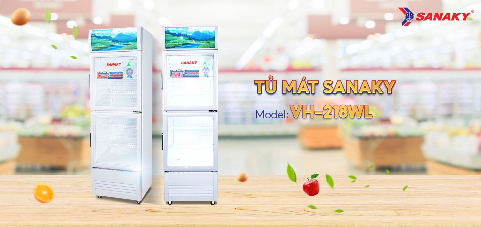 Tủ mát 170 lít Sanaky VH-218WL cửa kính trưng bày