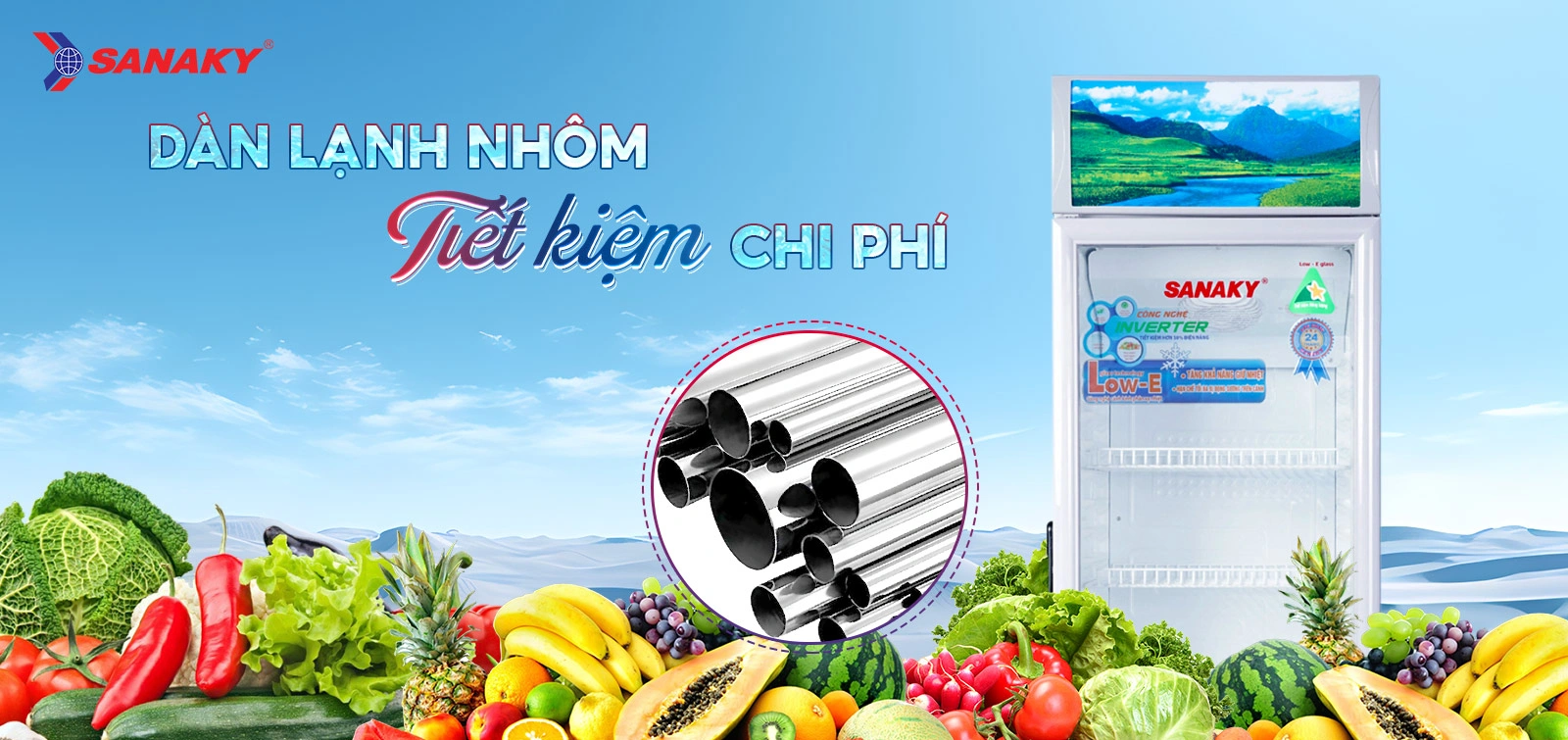 Dàn lạnh nhôm tiết kiệm chi phí Hệ thống dàn lạnh nhôm trên tủ mát 200 lít Sanaky Inverter VH-258K3L