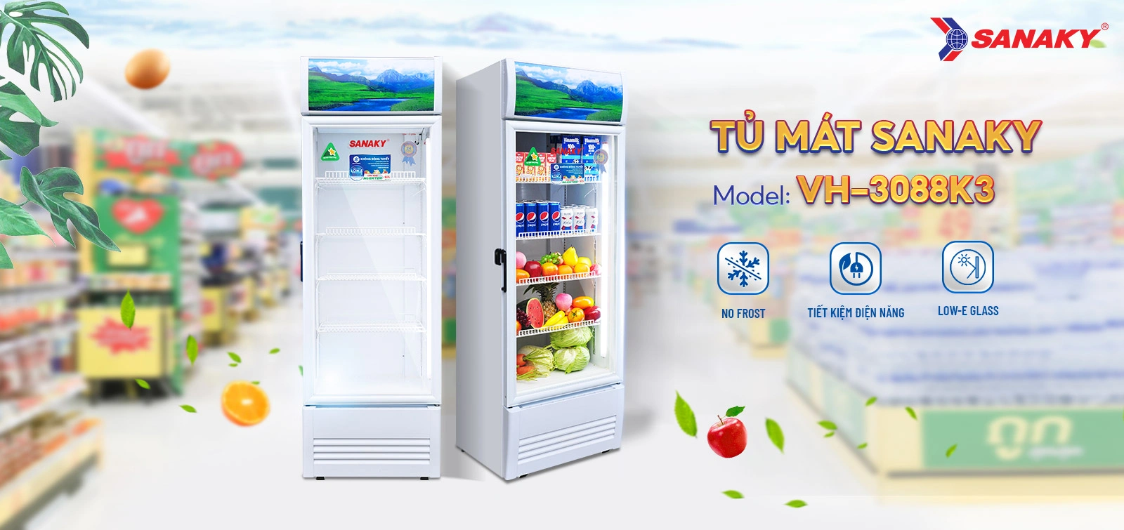 Tủ mát 240 lít Sanaky Inverter VH-3088K3 cửa kính trưng bày
