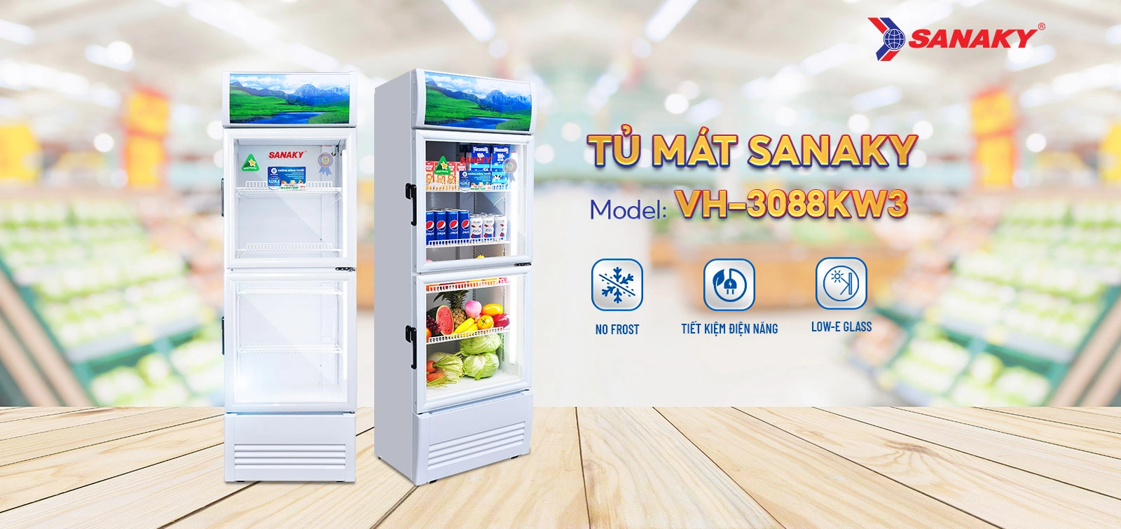 Tủ mát Sanaky VH-3088KW3 Tủ mát 240 lít Sanaky Inverter VH-3088KW3 cửa kính trưng bày