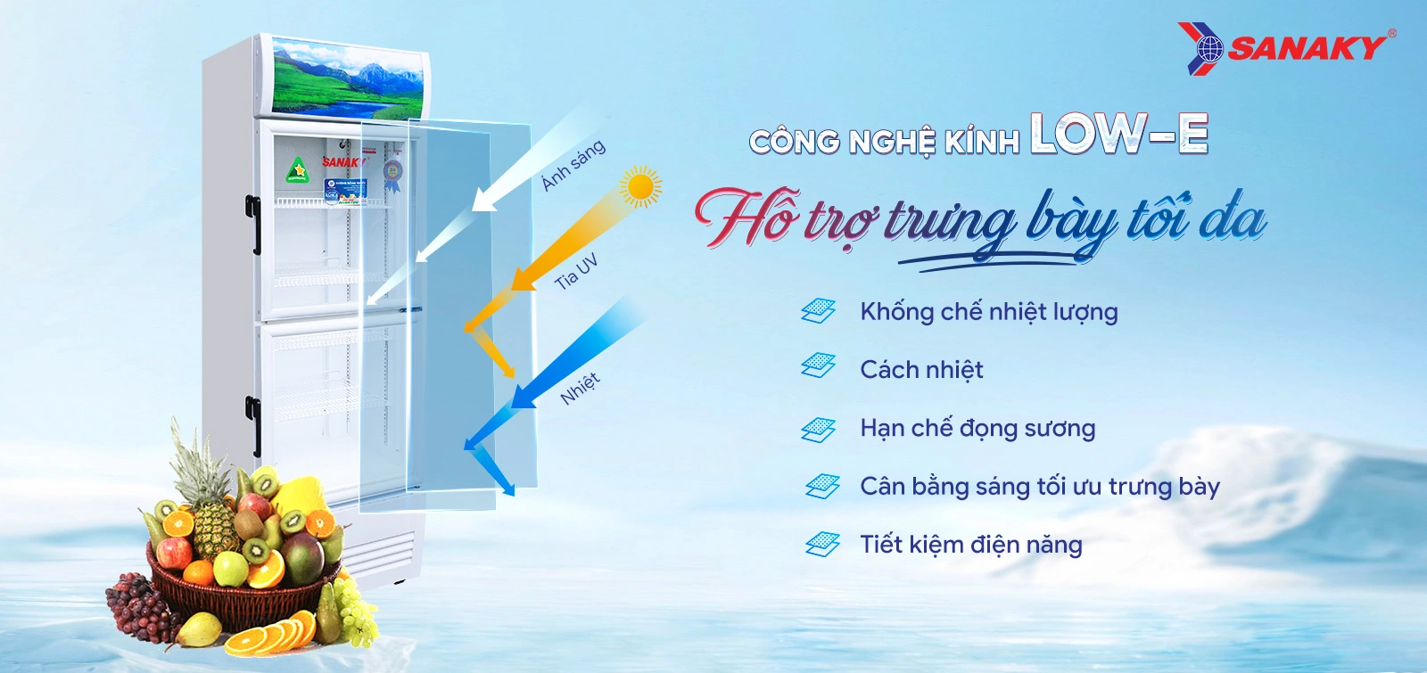 Công nghệ kính Low-E hỗ trợ trưng bày tối đa Tủ mát 240 lít Sanaky Inverter VH-3088KW3 với công nghệ kính Low-E hỗ trợ trưng bày tối đa