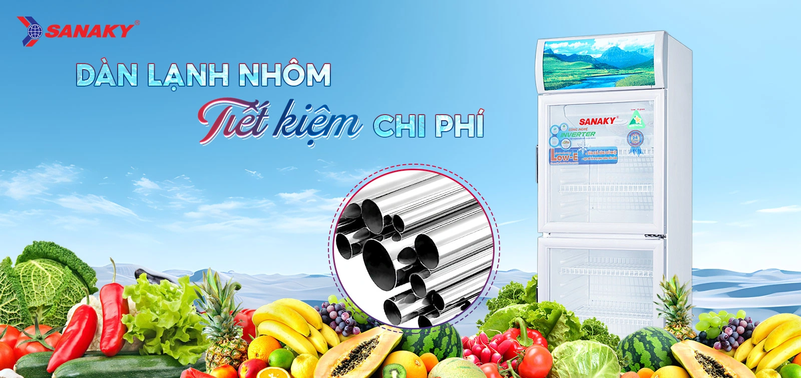Dàn lạnh nhôm tiết kiệm chi phí Dàn lạnh nhôm trên tủ mát 240 lít Sanaky Inverter VH-308W3L