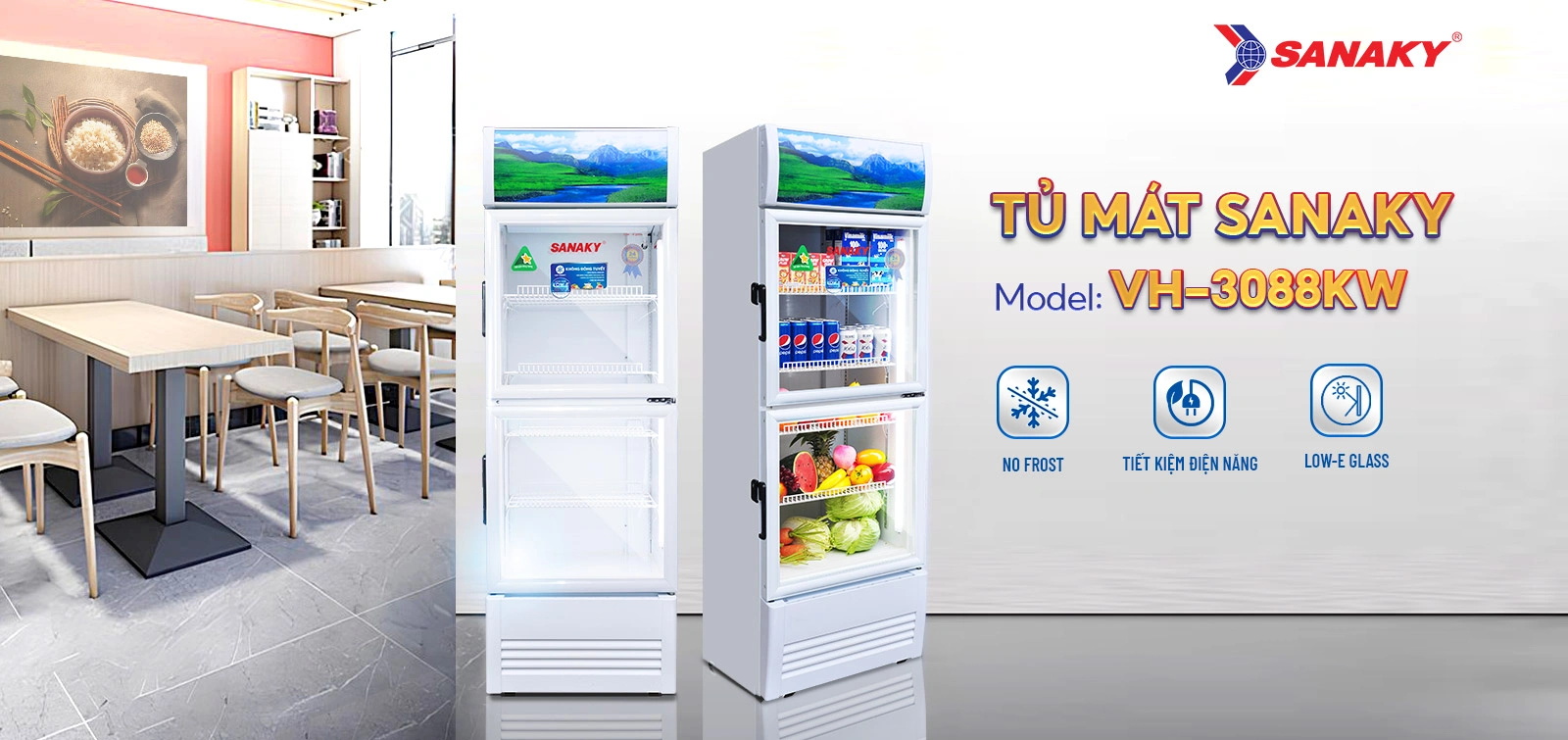 Tủ mát Sanaky VH-3088KW Tủ mát 240 lít Sanaky VH-3088KW với cửa kính và hệ thống kệ trưng bày