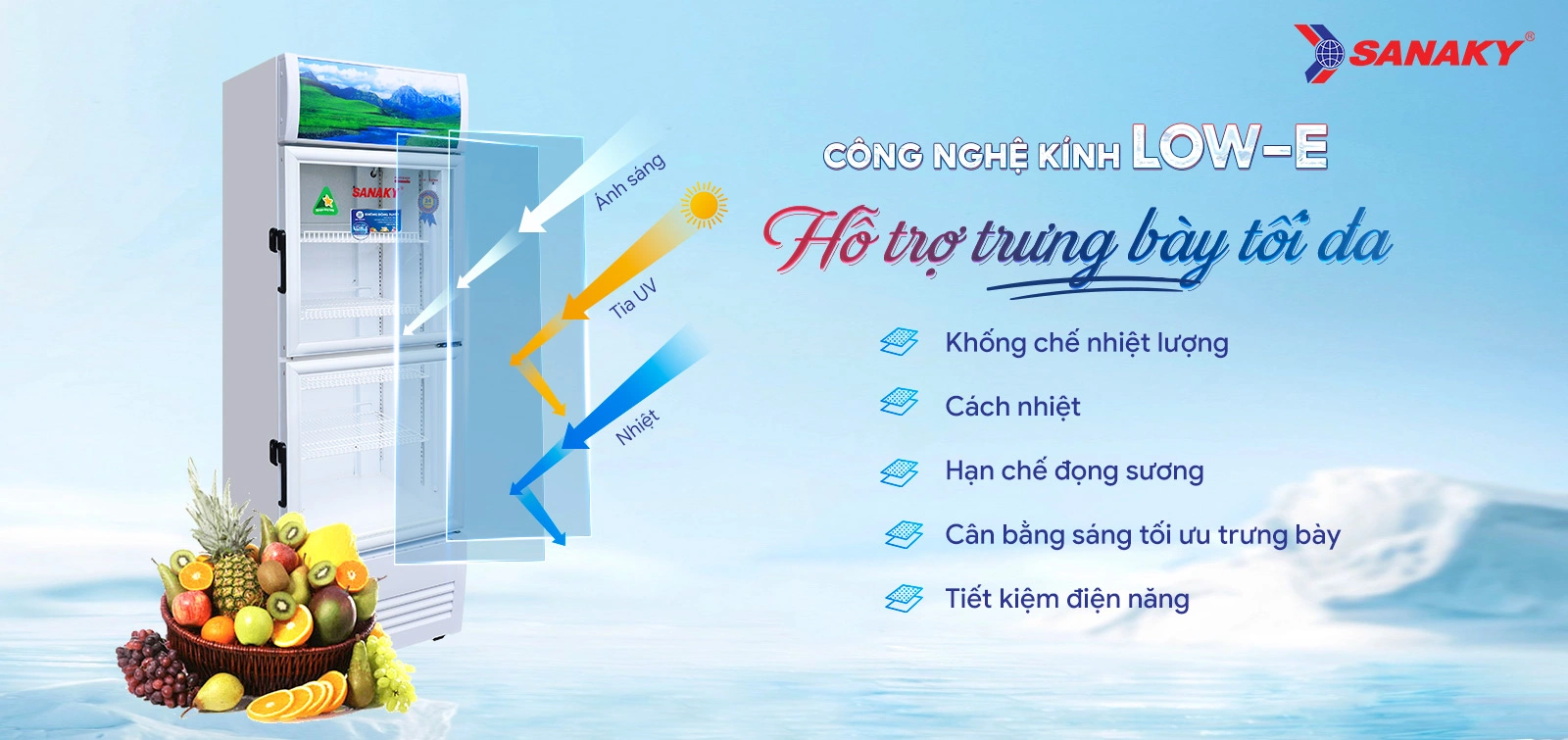 Công nghệ kính Low-E hỗ trợ trưng bày tối đa Công nghệ kính Low-E trên tủ mát 240 lít Sanaky VH-3088KW hỗ trợ trưng bày tối đa