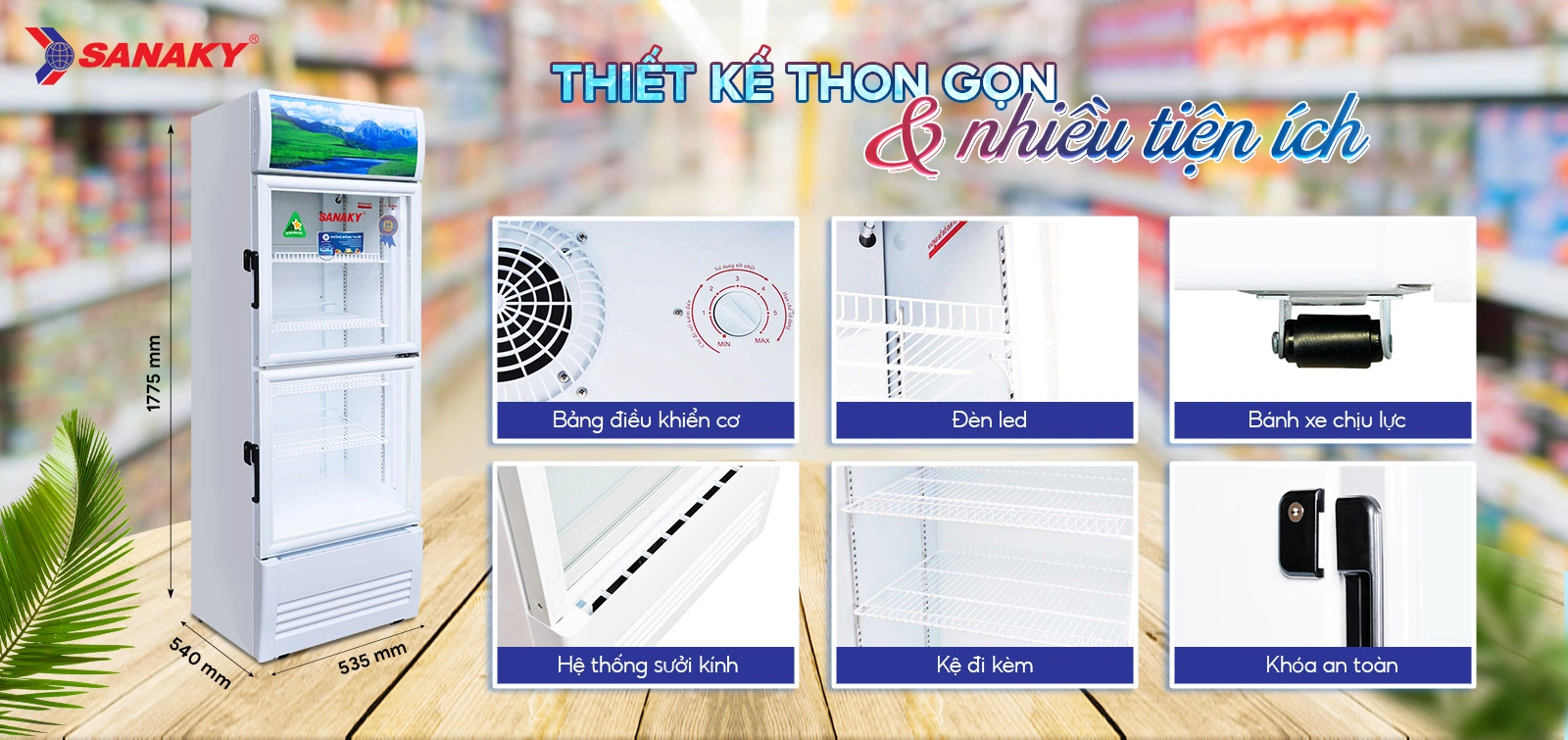 Thiết kế thon gọn cùng nhiều tiện ích Tủ mát 240 lít Sanaky VH-3088KW thiết kế thon gọn với nhiều tiện ích
