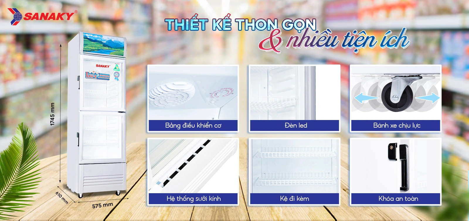 Tủ Mát Sanaky VH-308WL có kích thước chỉ 575 x 610 x 1745mm Tủ mát 240 lít Sanaky VH-308WL thiết kế thon gọn với bảng điều khiển cơ, đèn LED và bánh xe chịu lực