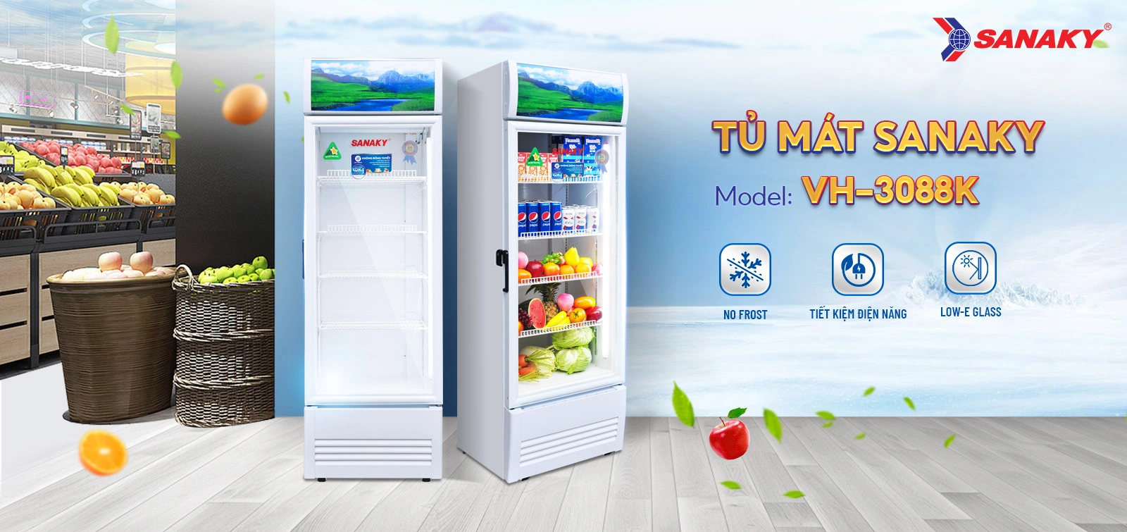 Tủ mát Sanaky VH-3088K Tủ mát 240l Sanaky không đóng tuyết VH-3088K với cửa kính Low-E và công nghệ No-Frost