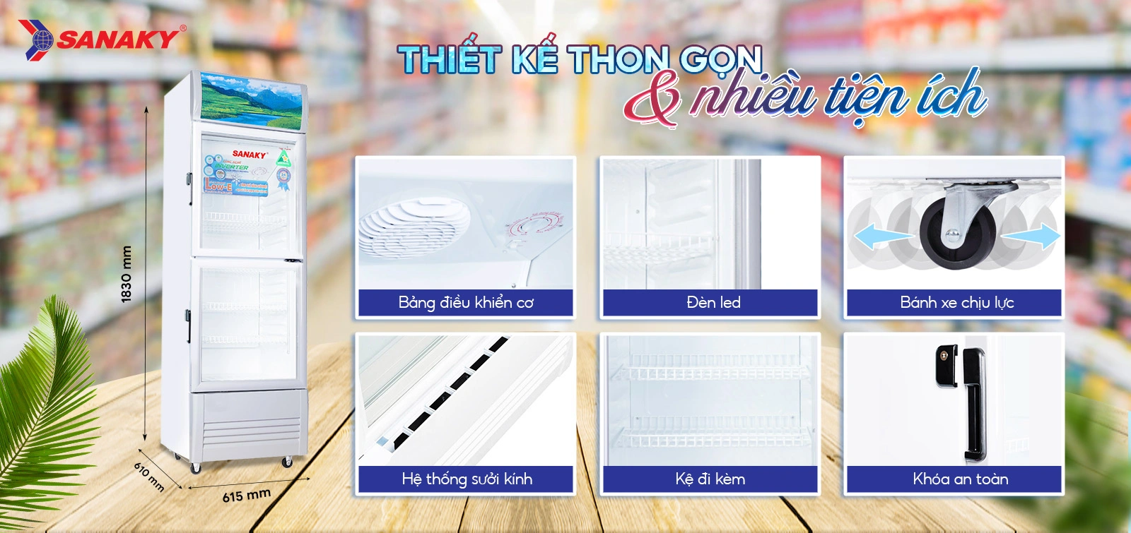 Tủ Mát Sanaky VH-358W3L có kích thước chỉ 615 x 610 x 1830mm Tủ mát 290 lít Sanaky Inverter VH-358W3L với thiết kế thon gọn và nhiều tiện ích