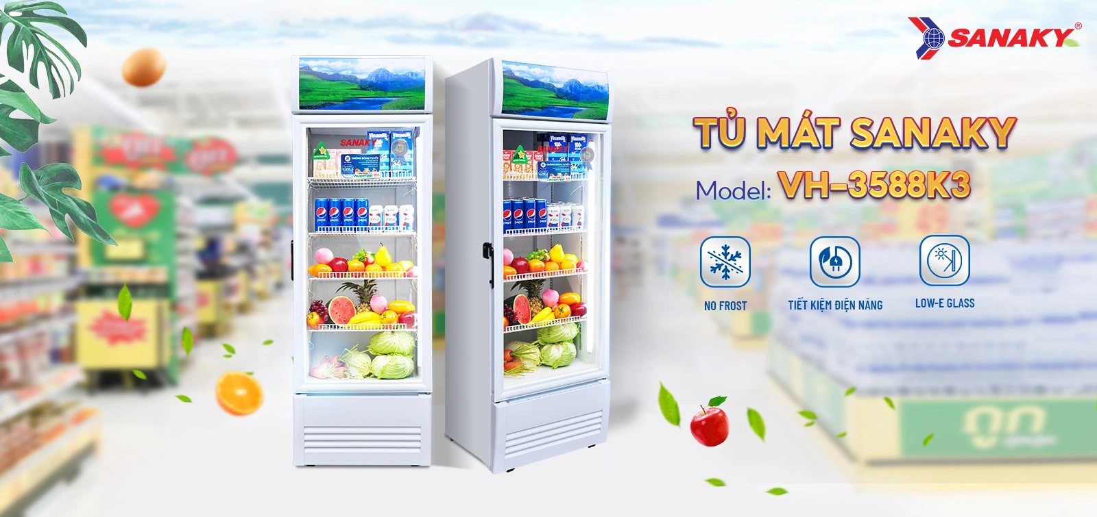 Tủ mát 300 lít Sanaky Inverter VH-3588K3 với cửa kính và hệ thống kệ trưng bày