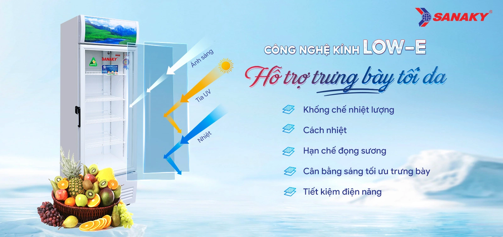 Công nghệ kính Low-E trên tủ mát 300 lít Sanaky Inverter VH-3588K3 hỗ trợ trưng bày tối đa