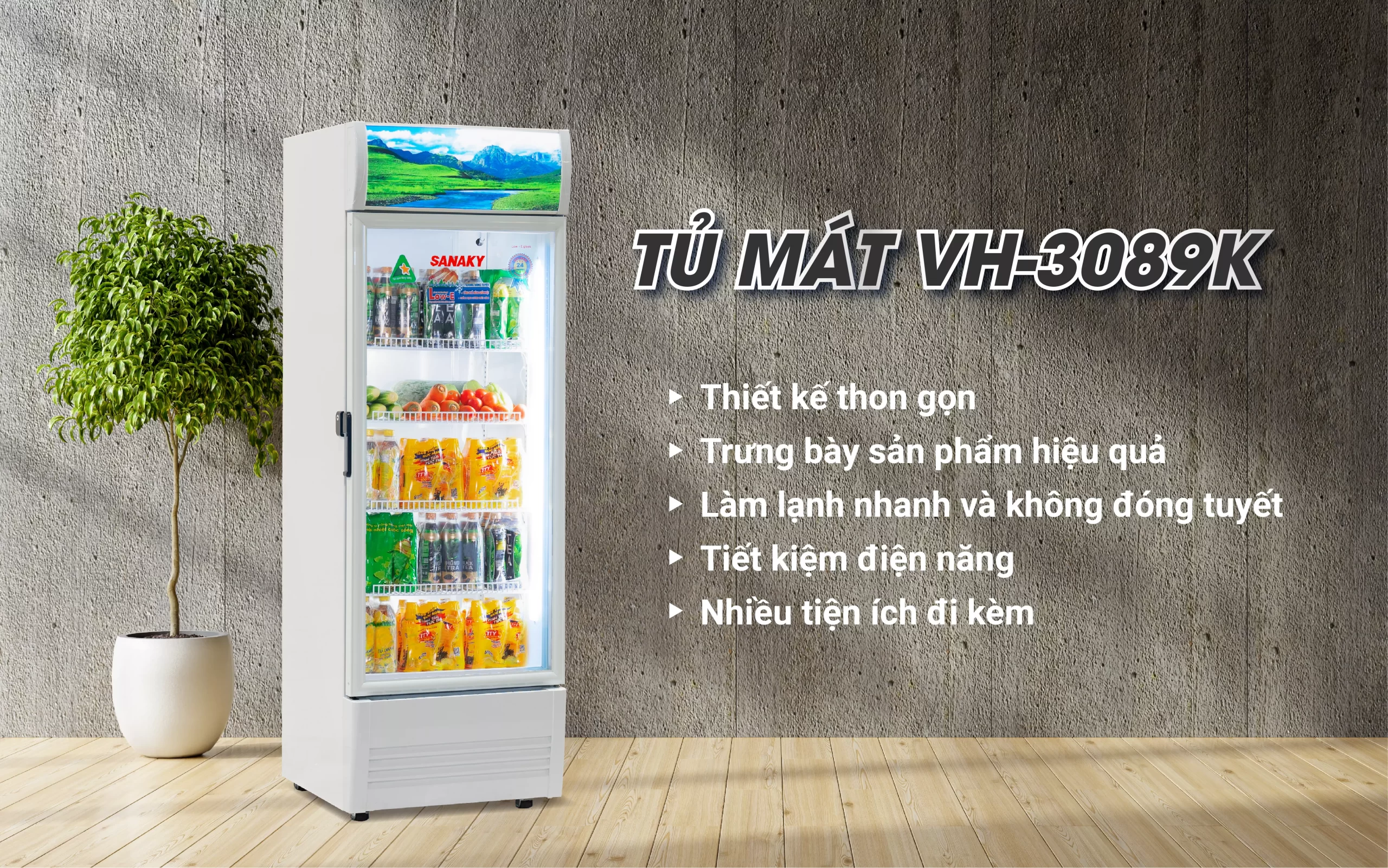 Tủ mát 300 lít Sanaky VH-3089K thiết kế cửa kính trưng bày thực phẩm