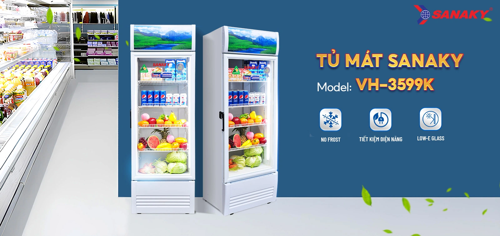 Tủ mát Sanaky VH-3599K Tủ mát 300 lít Sanaky VH-3599K với cửa kính và hệ thống kệ trưng bày