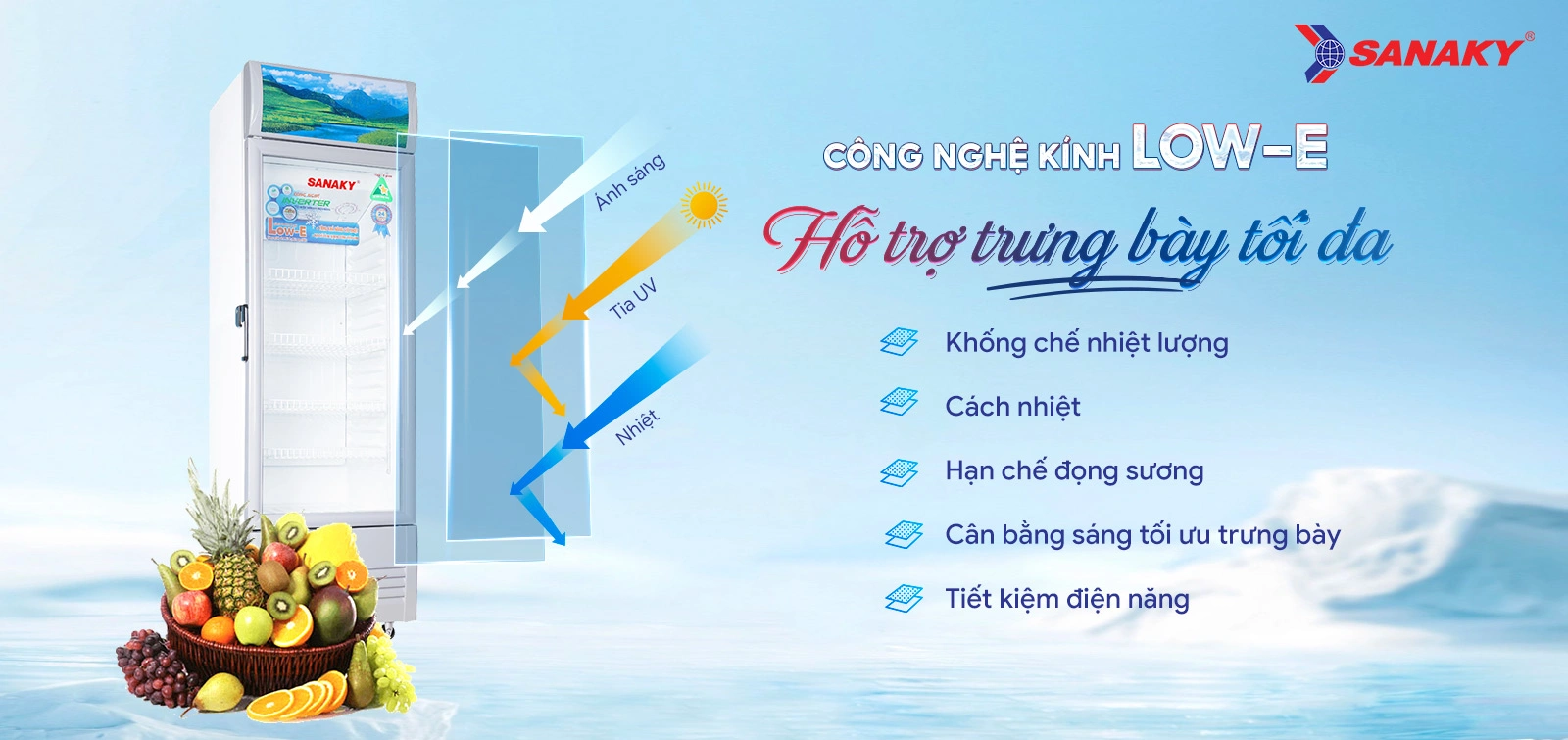 Công nghệ kính Low-E hỗ trợ trưng bày tối đa Công nghệ kính Low-E trên tủ mát 340 lít Sanaky Inverter VH-408K3L hỗ trợ trưng bày tối đa